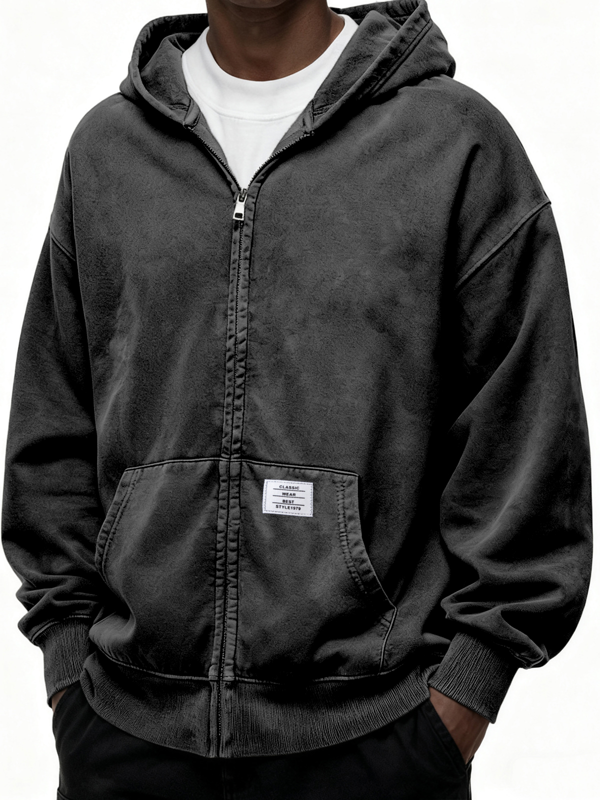 Schwergewicht Kapuzen-Full-Zip Cardigan Sweatshirt mit Kängurutasche und Etikett-deurabatt