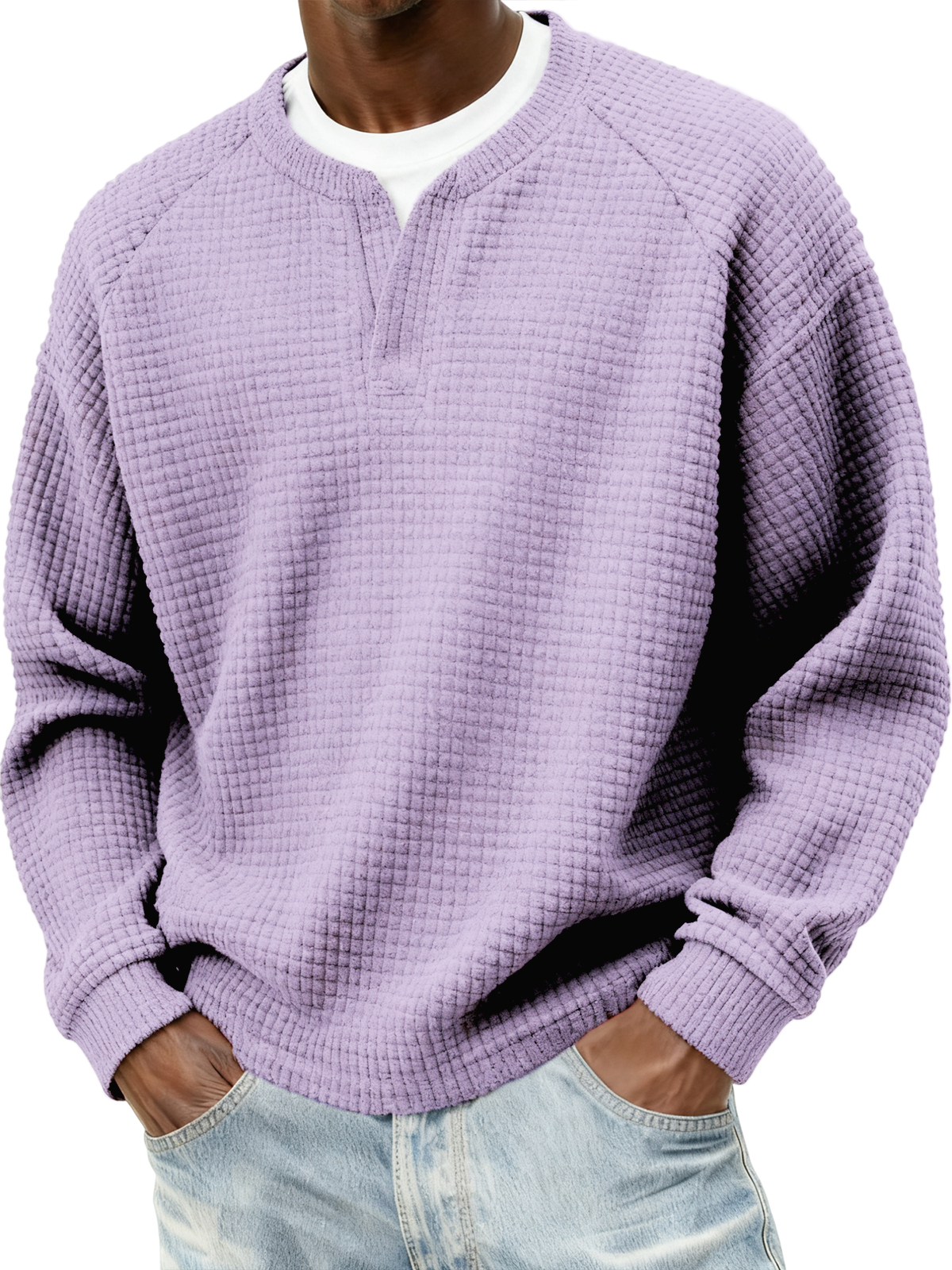Herren Stylischer Cord Waffel Fake Zweiteiler V-Ausschnitt Raglan Ärmel Pullover Sweatshirt-deurabatt