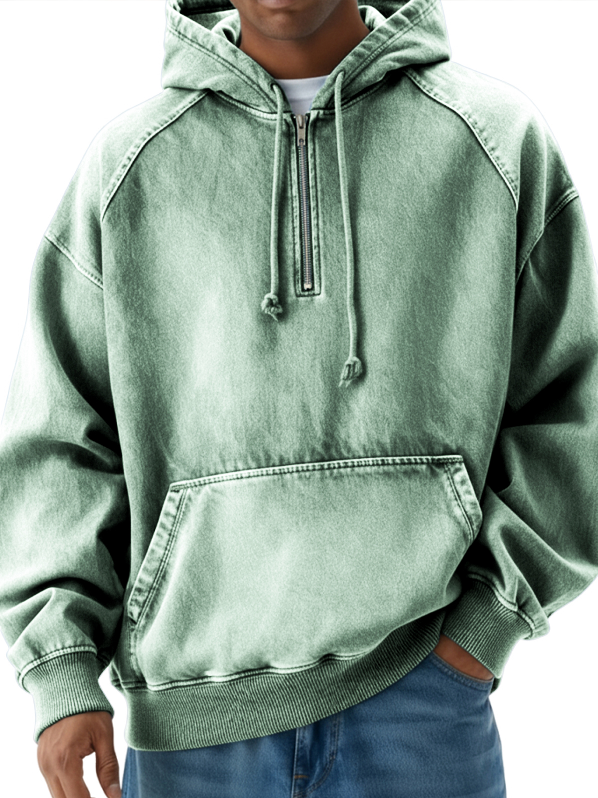 Herren Vintage Distressed Raglan Viertel-Reißverschluss Pullover Hoodie-deurabatt
