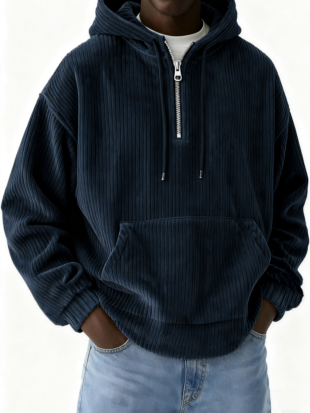 Herren-Cord-Sweatshirt mit halbem Reißverschluss und Kapuze-deurabatt