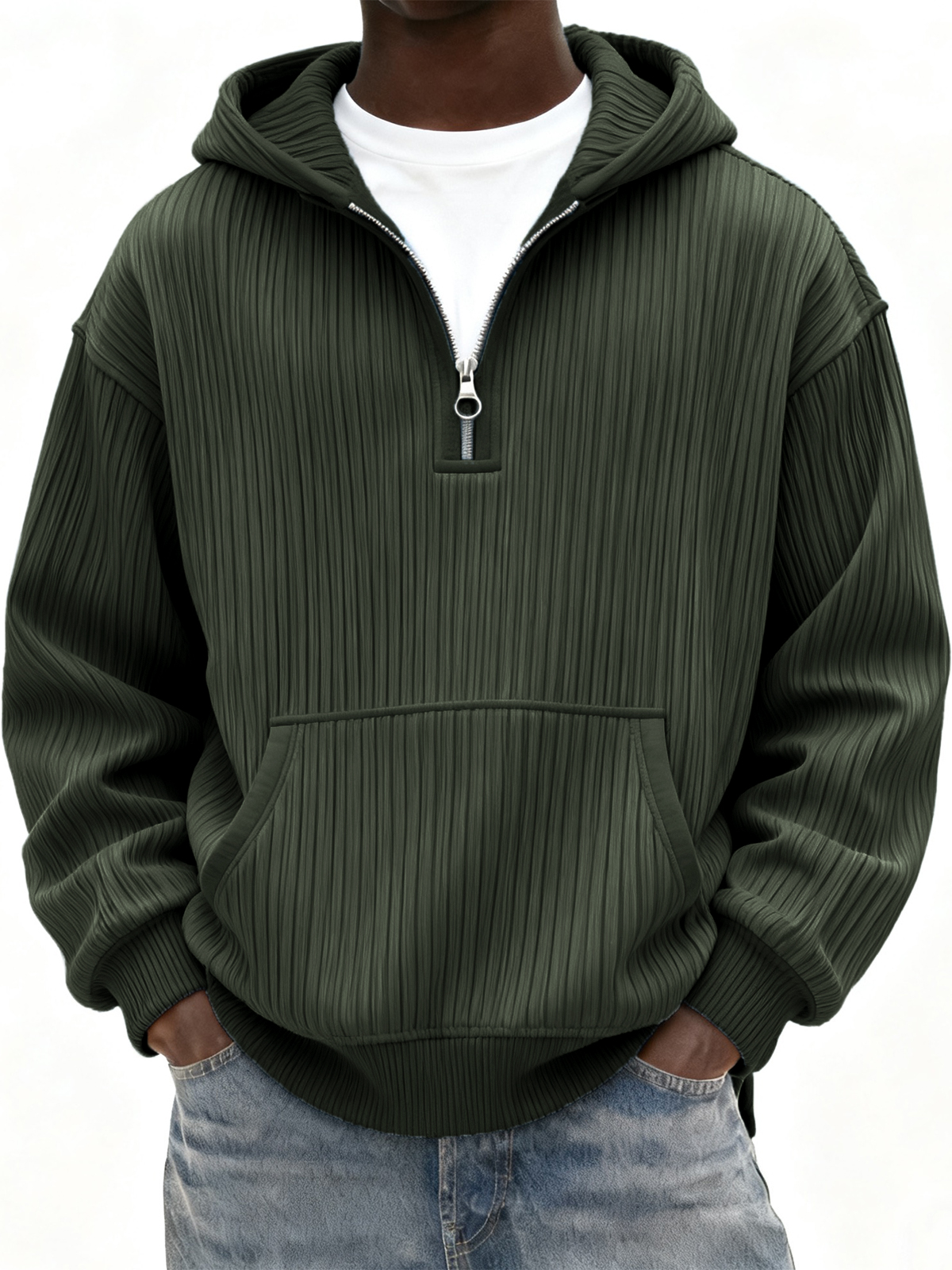 Herren Rippstrick Viertel Reißverschluss Hoodie mit Kängurutasche-deurabatt