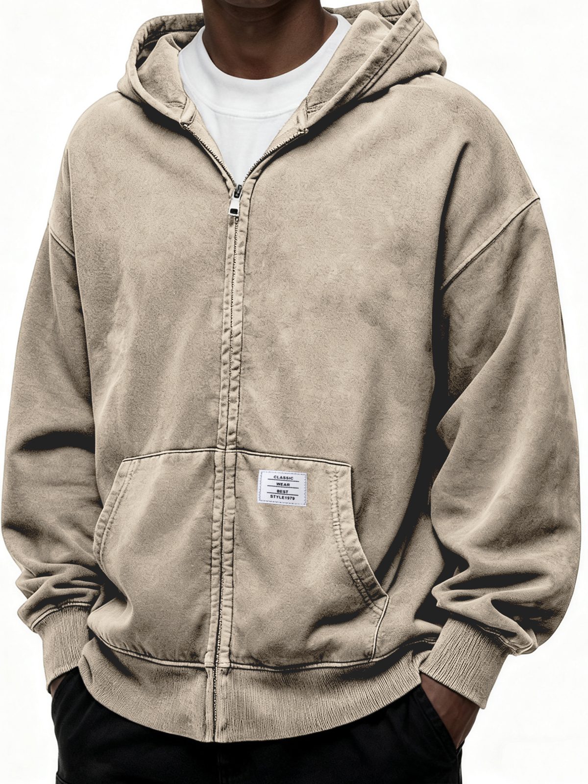 Schwergewicht Kapuzen-Full-Zip Cardigan Sweatshirt mit Kängurutasche und Etikett-deurabatt