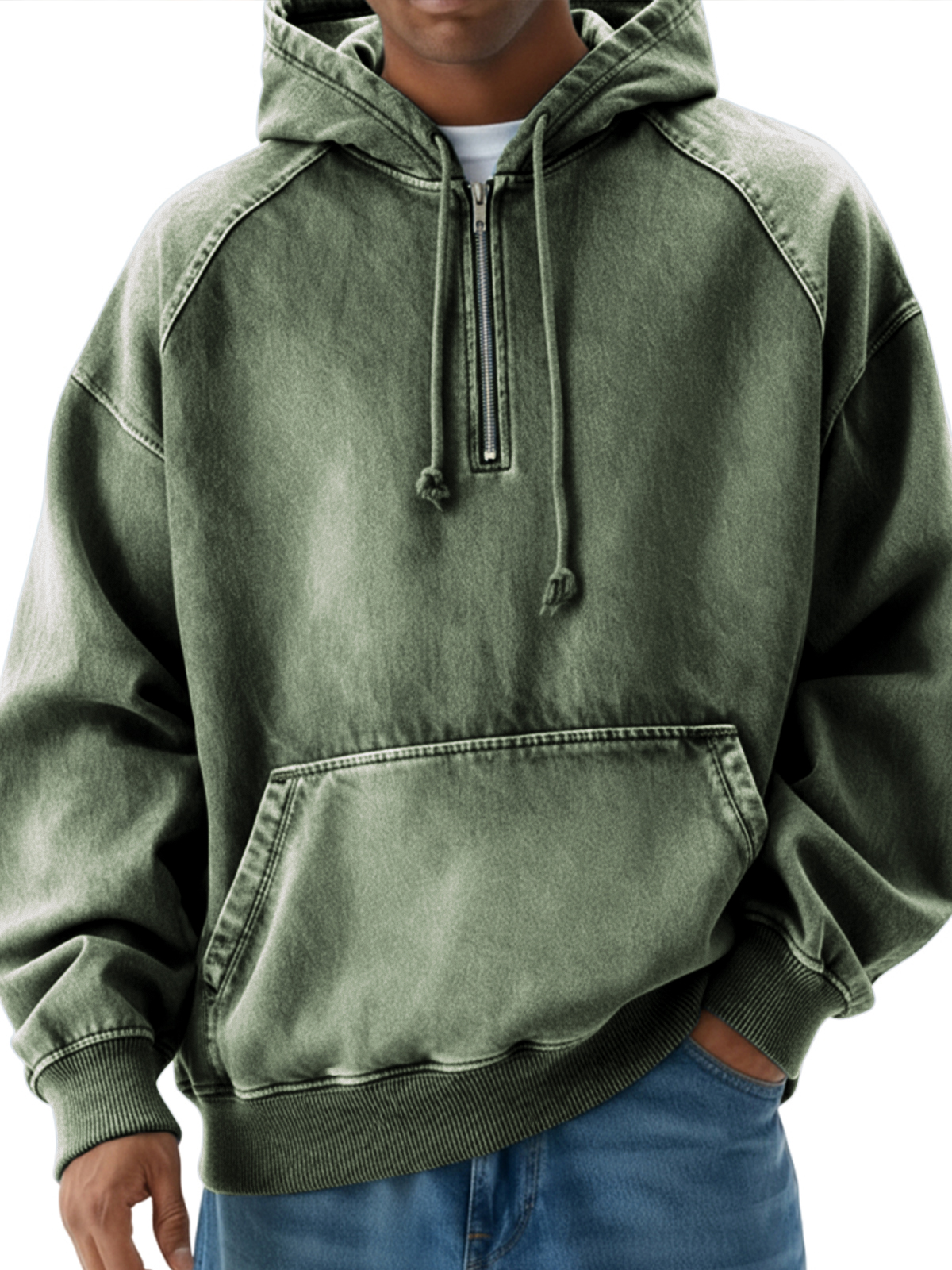 Herren Vintage Distressed Raglan Viertel-Reißverschluss Pullover Hoodie-deurabatt