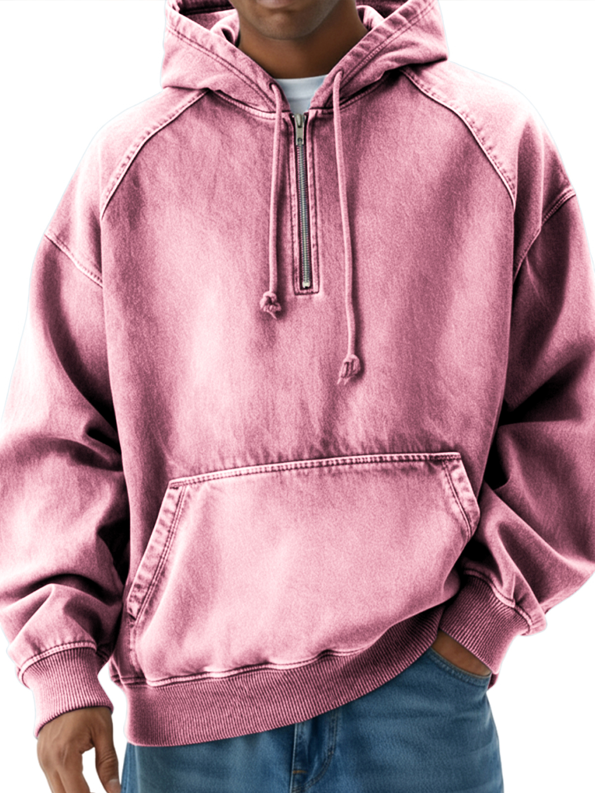 Herren Vintage Distressed Raglan Viertel-Reißverschluss Pullover Hoodie-deurabatt