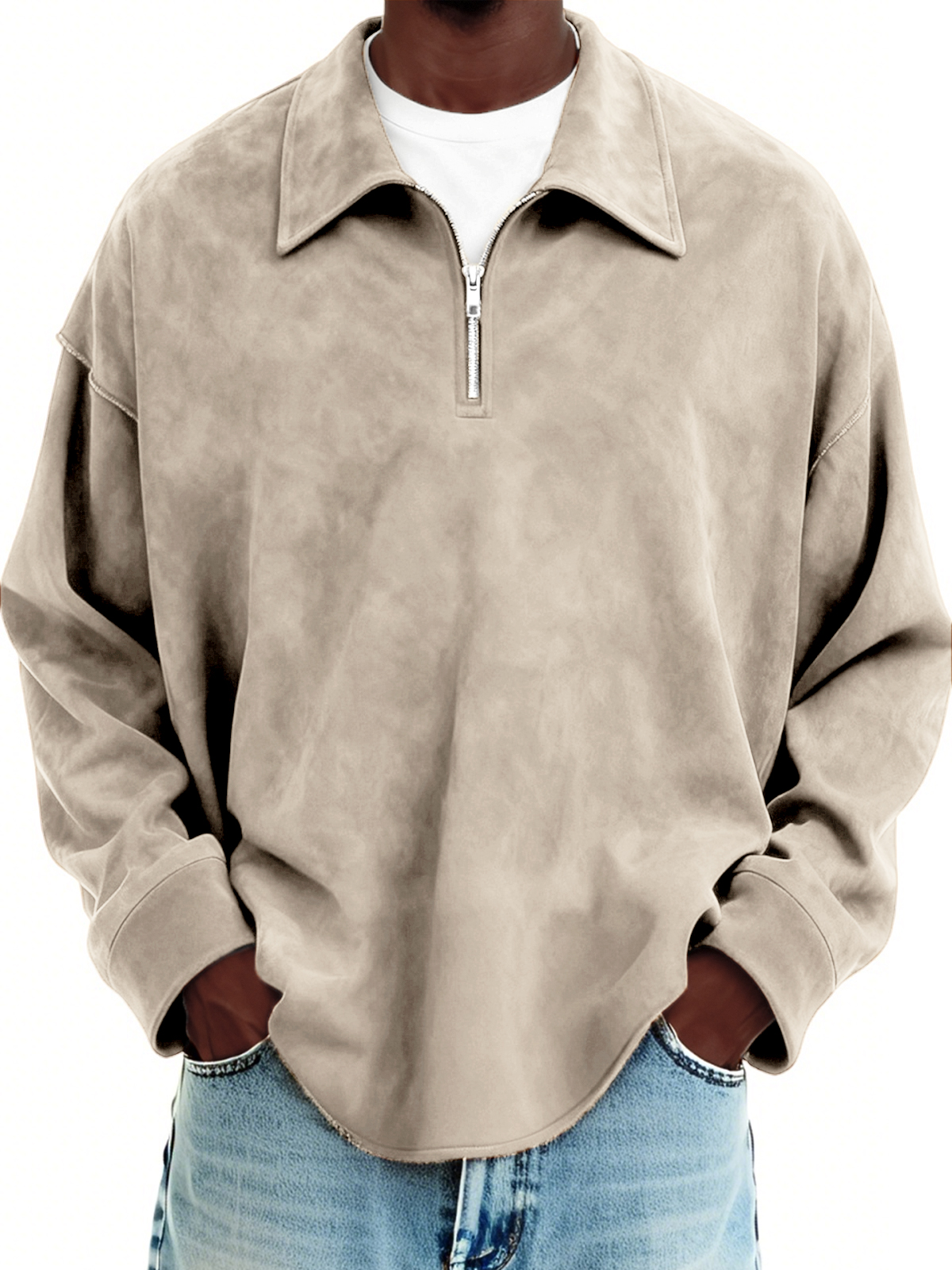 Herren-Vintage-Wildlederpullover mit Viertelreißverschluss-deurabatt