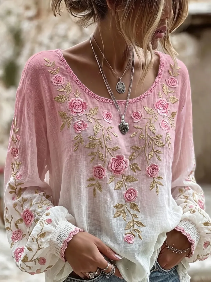 Damen-Top im Vintage-Stil mit floraler Kunstprint-Optik, aus Baumwolle und Leinen, lässig-Mode & Komfort