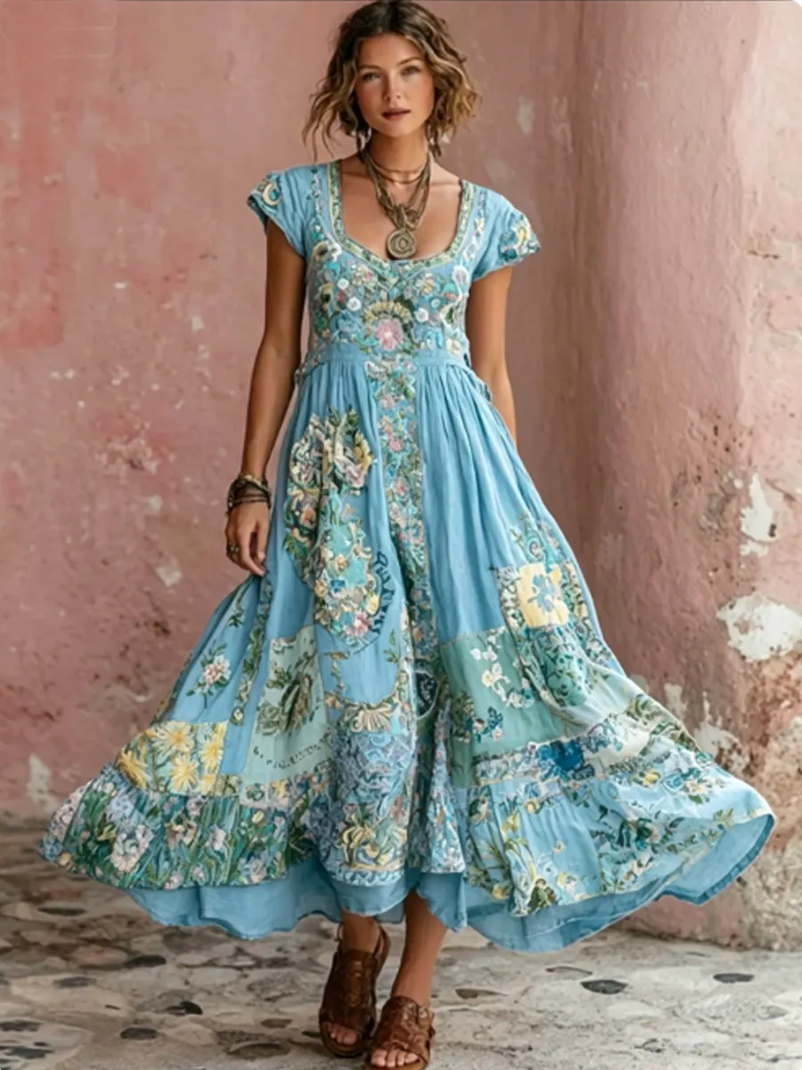Damen-Boho-Floralstickerei Kunst Rundhalsausschnitt Kurzarm Midi-Kleid-Mode & Komfort