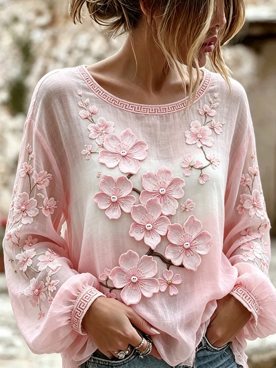 Damen-Top im Vintage-Stil aus Baumwolle und Leinen, lässig geschnitten, mit gestickten Blumen und bedrucktem Patchwork-Design-Mode & Komfort