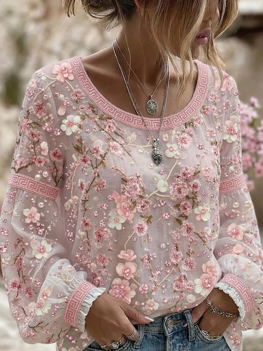 Damen-Top im Vintage-Stil mit floraler Kunstprint-Optik, aus Baumwolle und Leinen, lässig-Mode & Komfort