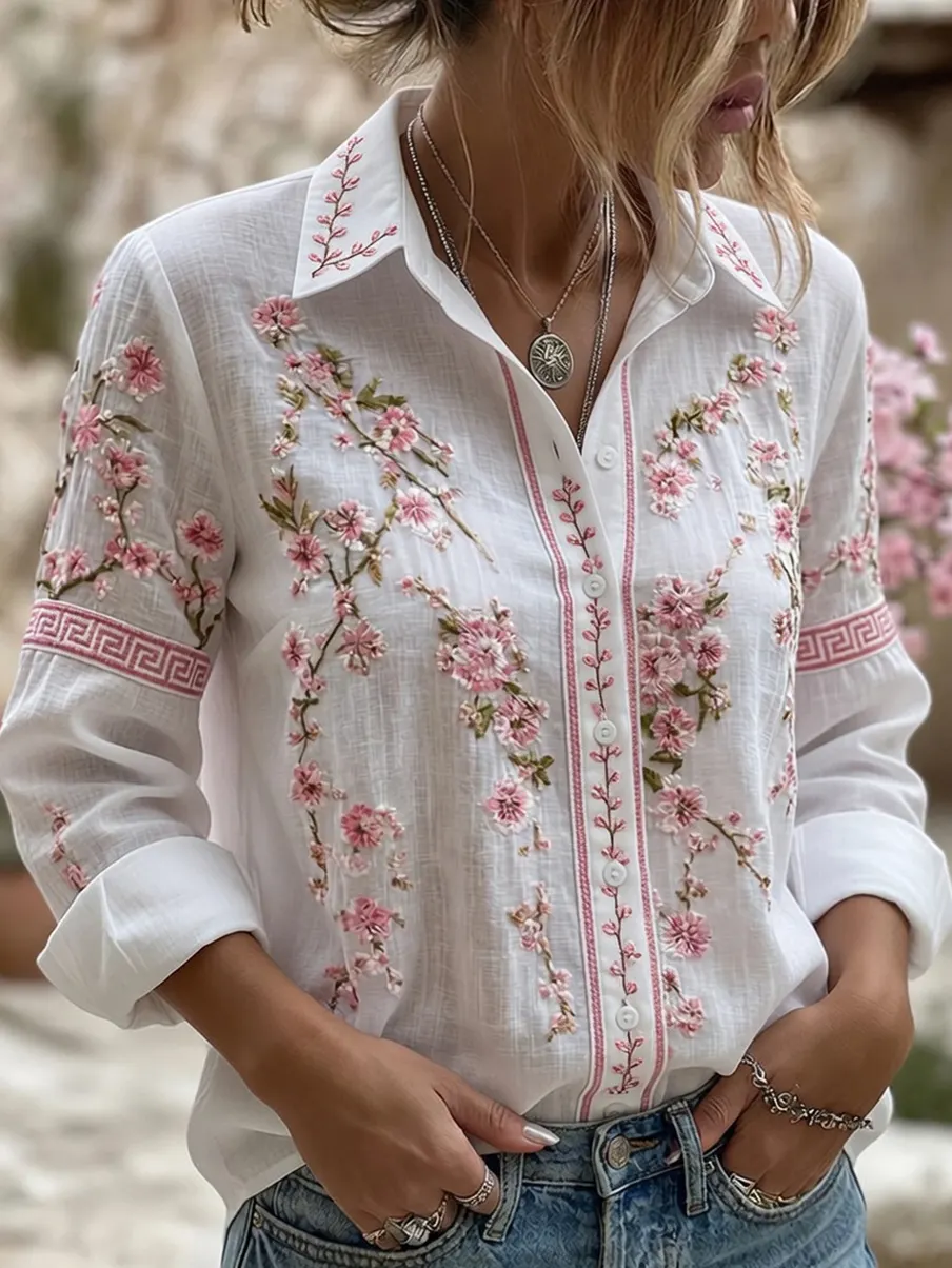 Damen-Vintage-Shirt mit floraler Kunstprint-Optik, lässig, aus Baumwolle und Leinen-Mode & Komfort