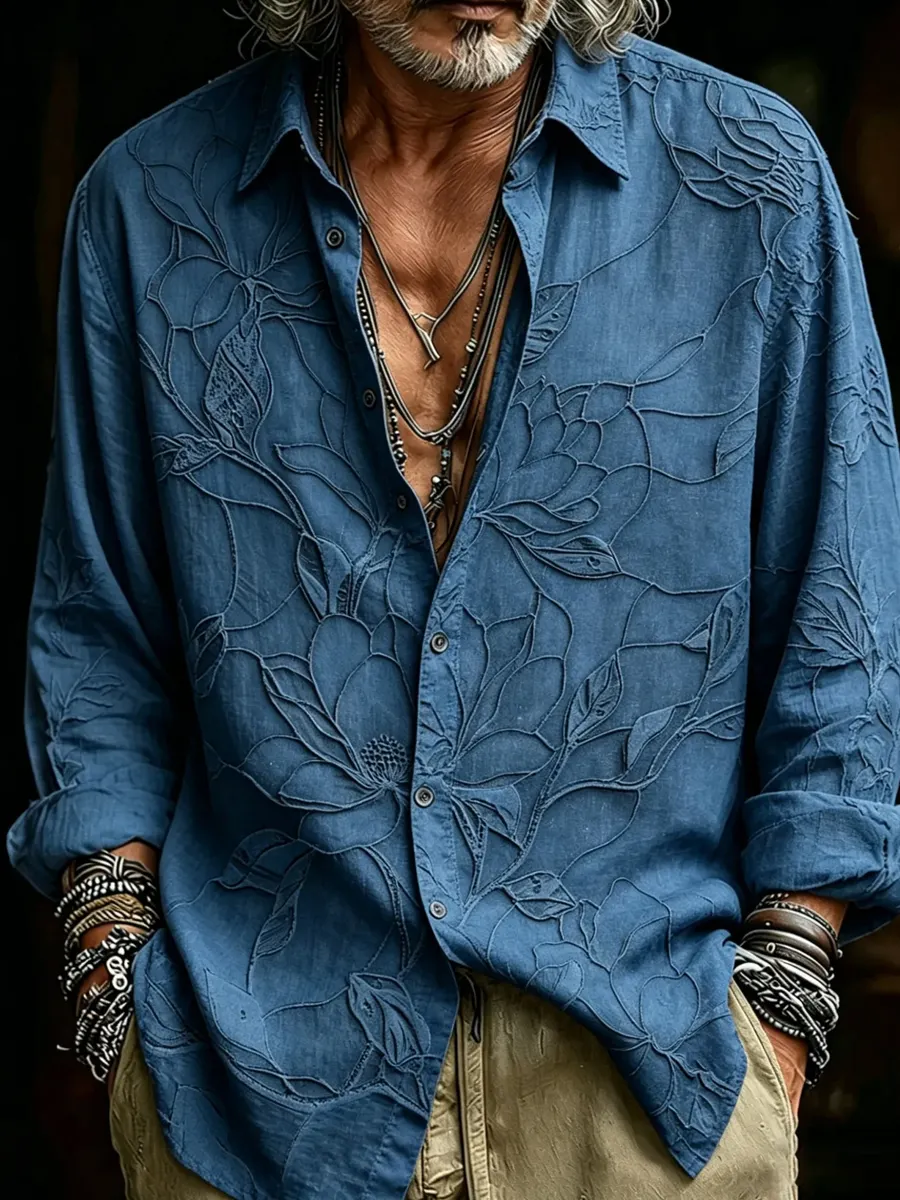Herren-Retro-Shirt mit abstraktem Kunstprint, lässig, aus Baumwolle-Leinen-Mischgewebe-Mode & Komfort