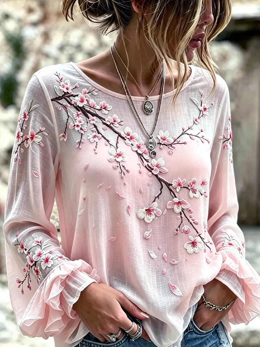 Damen-Top im Vintage-Stil mit floraler Kunstprint-Optik, aus Baumwolle und Leinen, lässig-Mode & Komfort