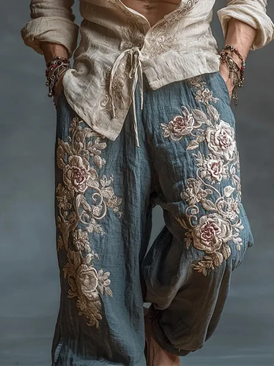 Herren-Top im Vintage-Stil mit abstraktem Kunstprint, lässig, aus Baumwolle und Leinen, langgeschnitten-Mode & Komfort