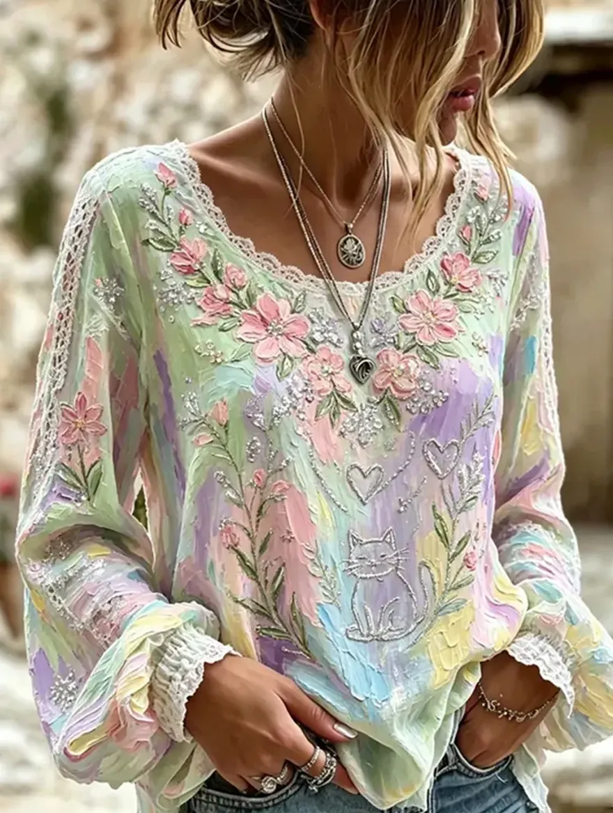 Damen-Top im Vintage-Stil mit floraler Kunstprint-Optik, aus Baumwolle und Leinen, lässig-Mode & Komfort