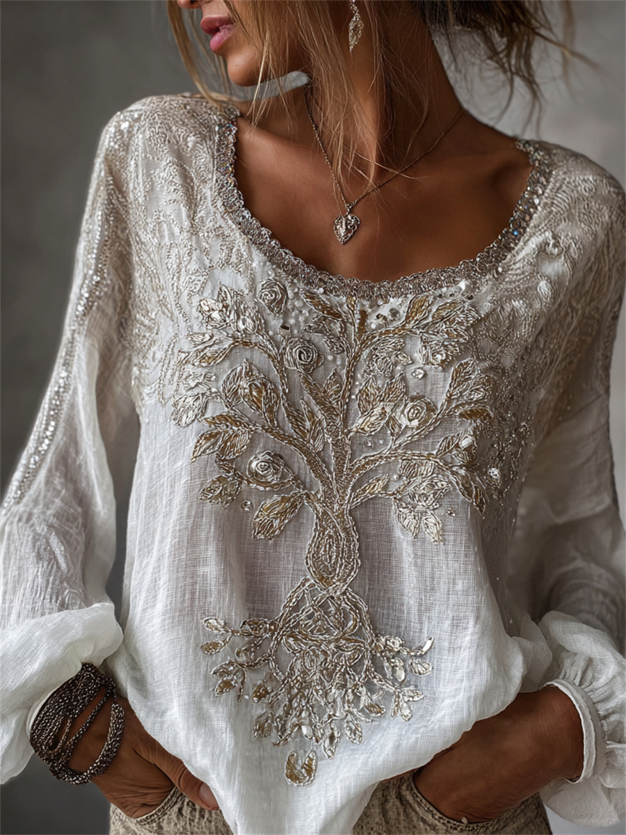Damen-Vintage-Wikinger-Lebensbaum-Blusenhemd aus Baumwoll-Leinen mit Glitzer-Blumenmuster-Mode & Komfort