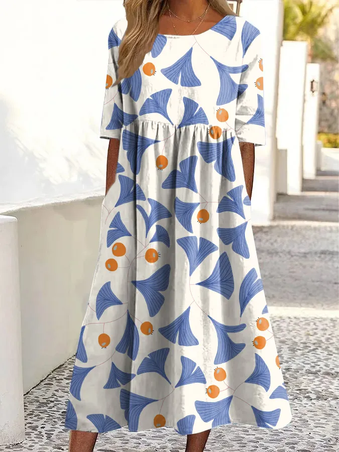 Vintage Ginkgo Kunstdruck Rundhals-Taschen-Midi-Kleid-Mode & Komfort