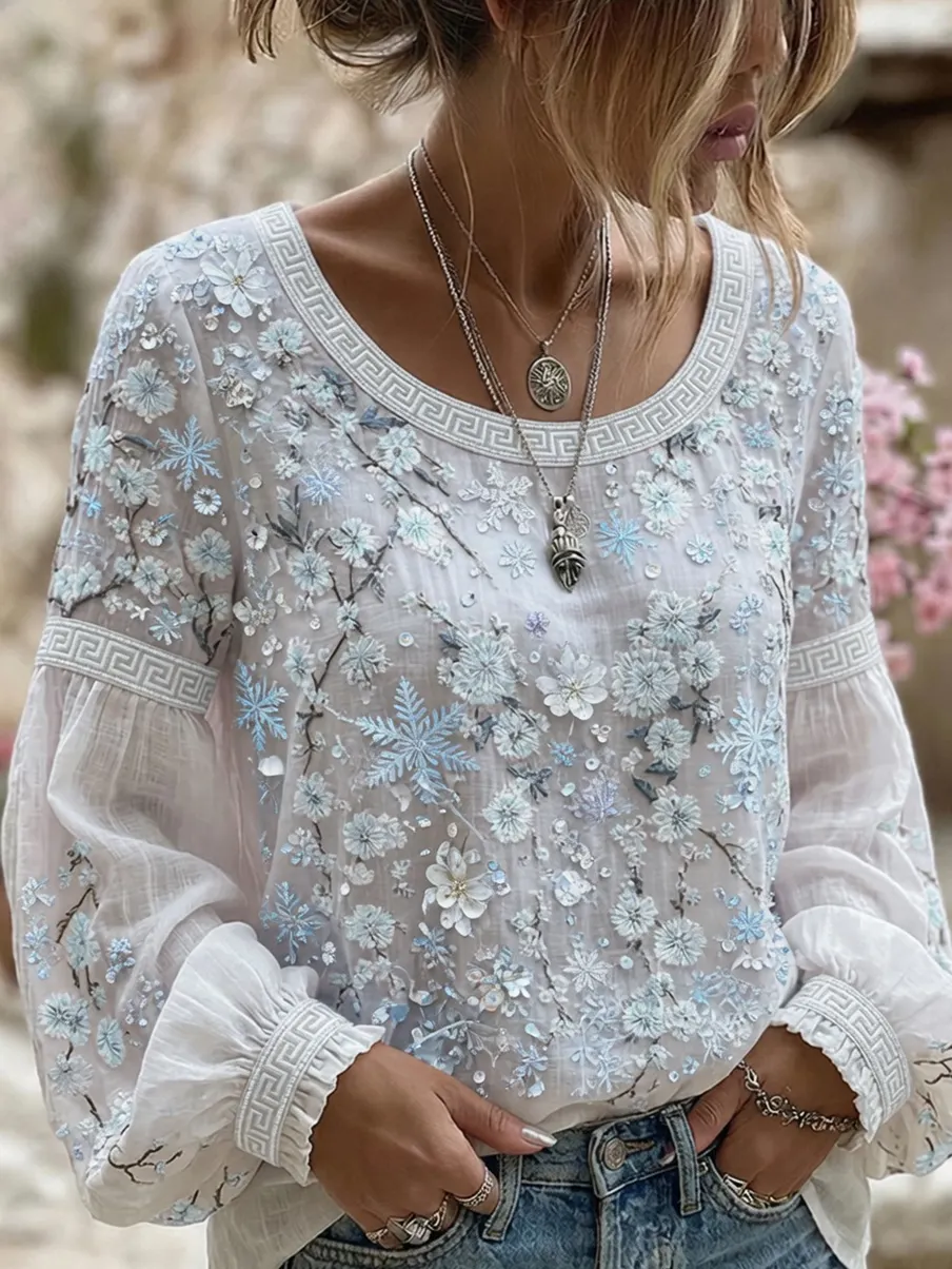 Damen-Top im Vintage-Stil mit floraler Kunstprint-Optik, aus Baumwolle und Leinen, lässig-Mode & Komfort