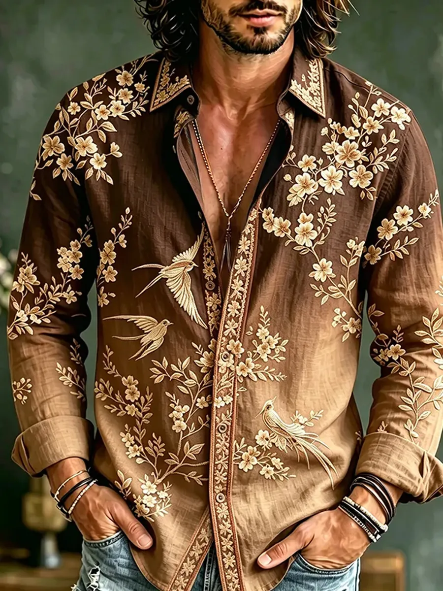 Herren-Retro-Shirt mit abstraktem Kunstprint, lässig, aus Baumwolle-Leinen-Mischgewebe-Mode & Komfort