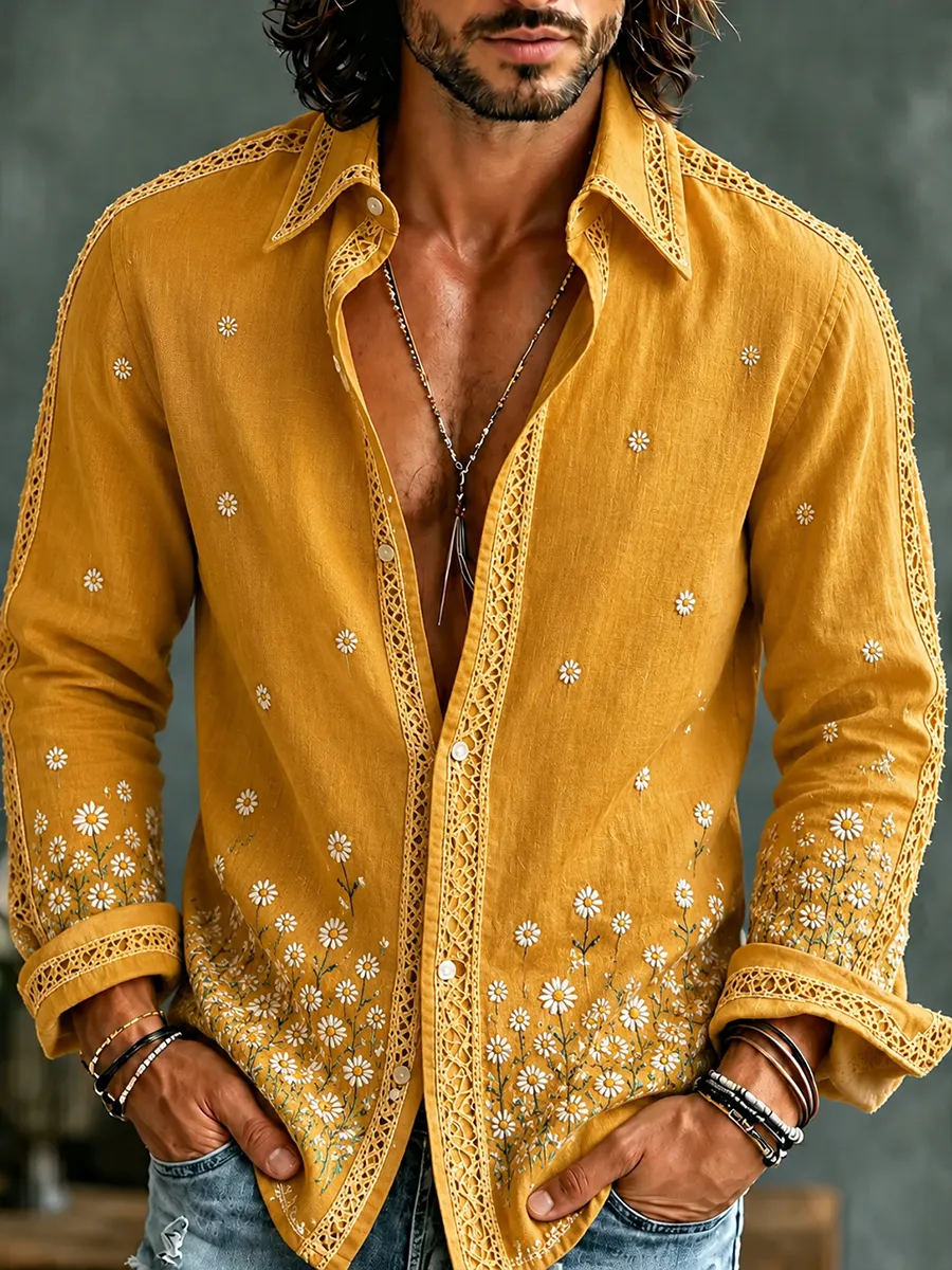 Herren Retro-Abstrakter Kunstdruck Lässiges Baumwoll-Leinen-Hemd-Mode & Komfort