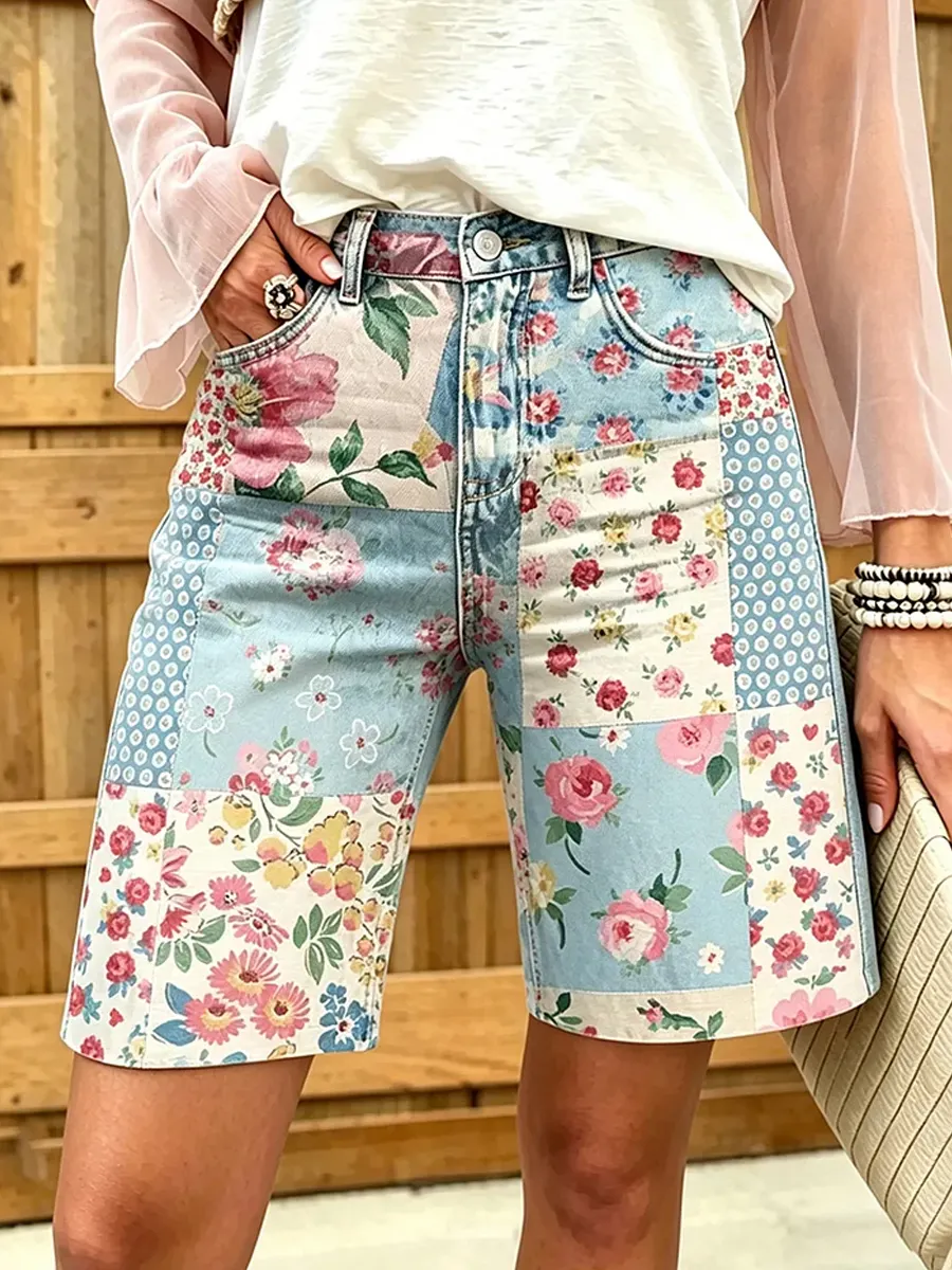 Damen Vintage Blumenkunstdruck Freizeithosen-Mode & Komfort