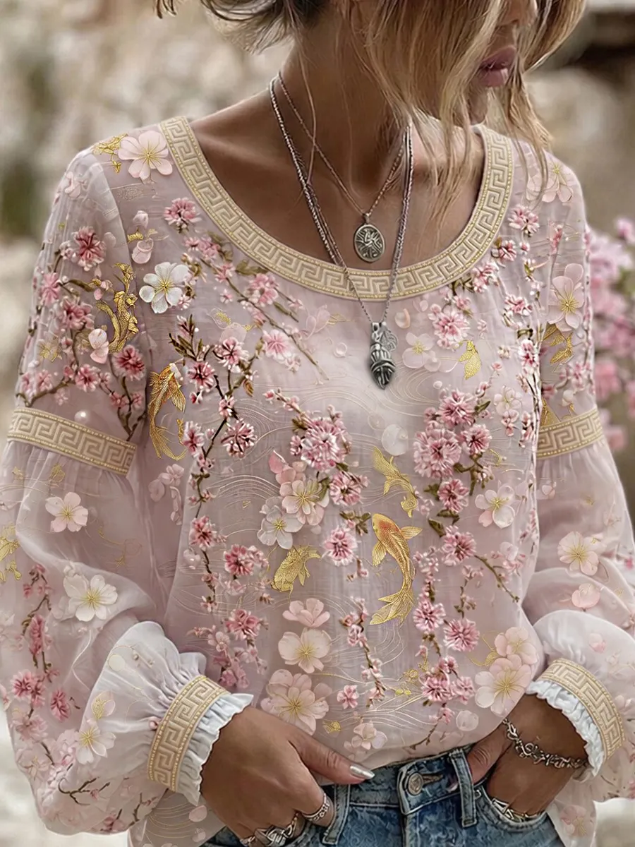 Damen-Top im Vintage-Stil mit floraler Kunstprint-Optik, aus Baumwolle und Leinen, lässig-Mode & Komfort