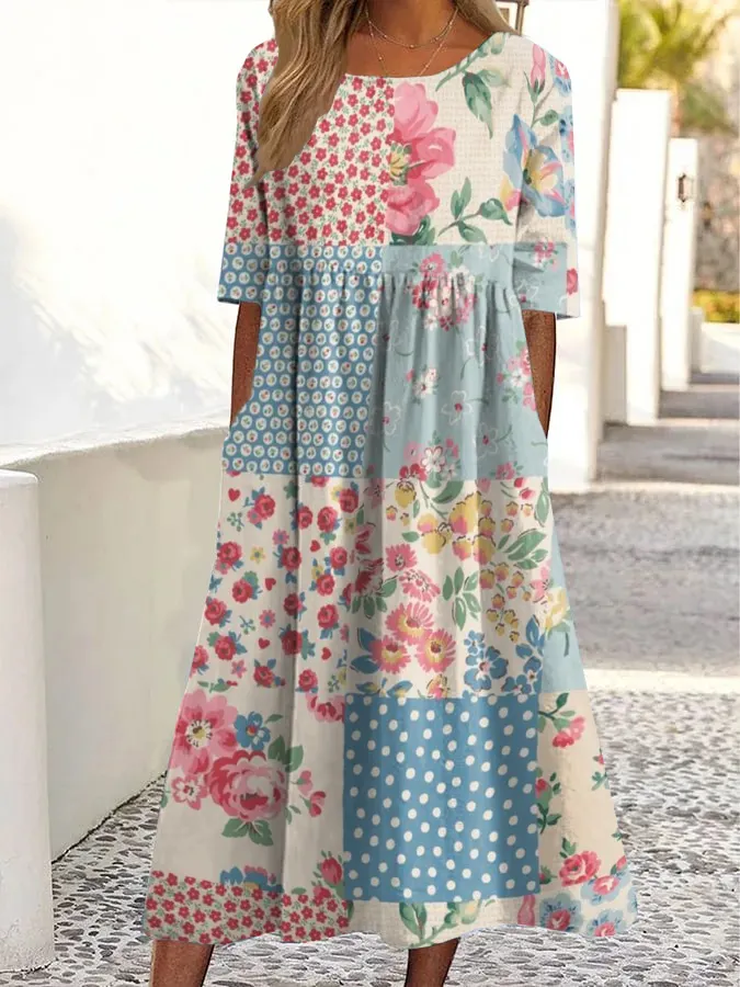 Vintage Midikleid mit Blumenmuster, Rundhalsausschnitt und Taschen-Mode & Komfort