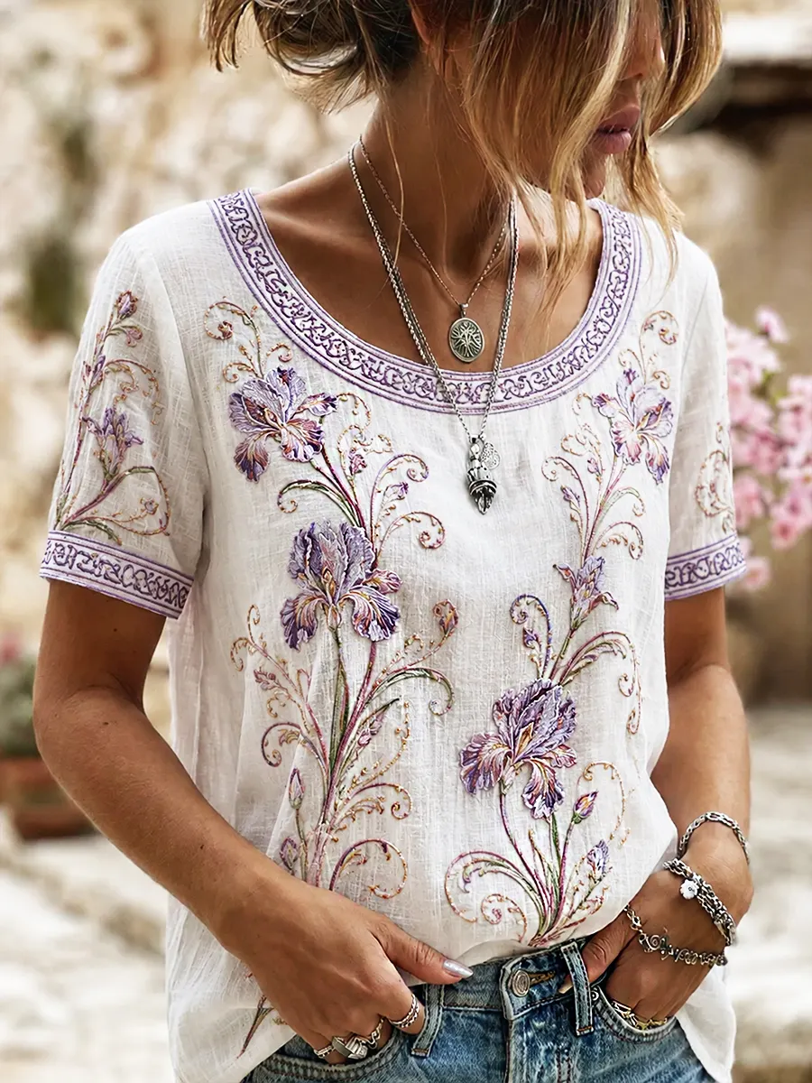 Damen-Top aus Baumwolle-Leinen im Vintage-Stil mit floraler Kunstprint-Optik-Mode & Komfort