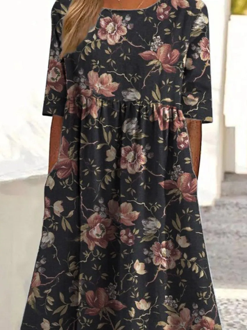 Vintage-Stil Tropisches Blumenmuster Gedrucktes Damen Baumwollkleid mit Taschen-Mode & Komfort