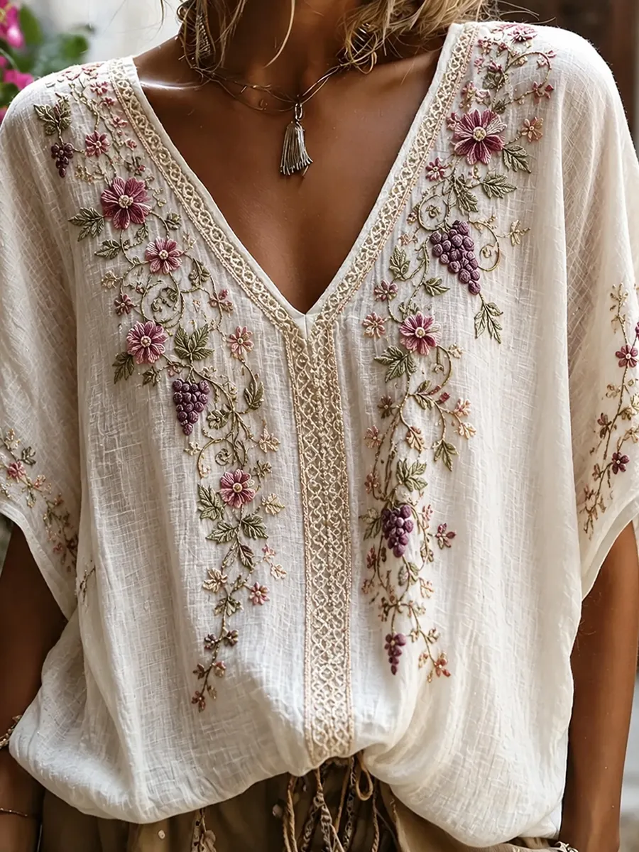 Damen-Top aus Baumwolle-Leinen im Vintage-Stil mit floraler Kunstprint-Optik-Mode & Komfort