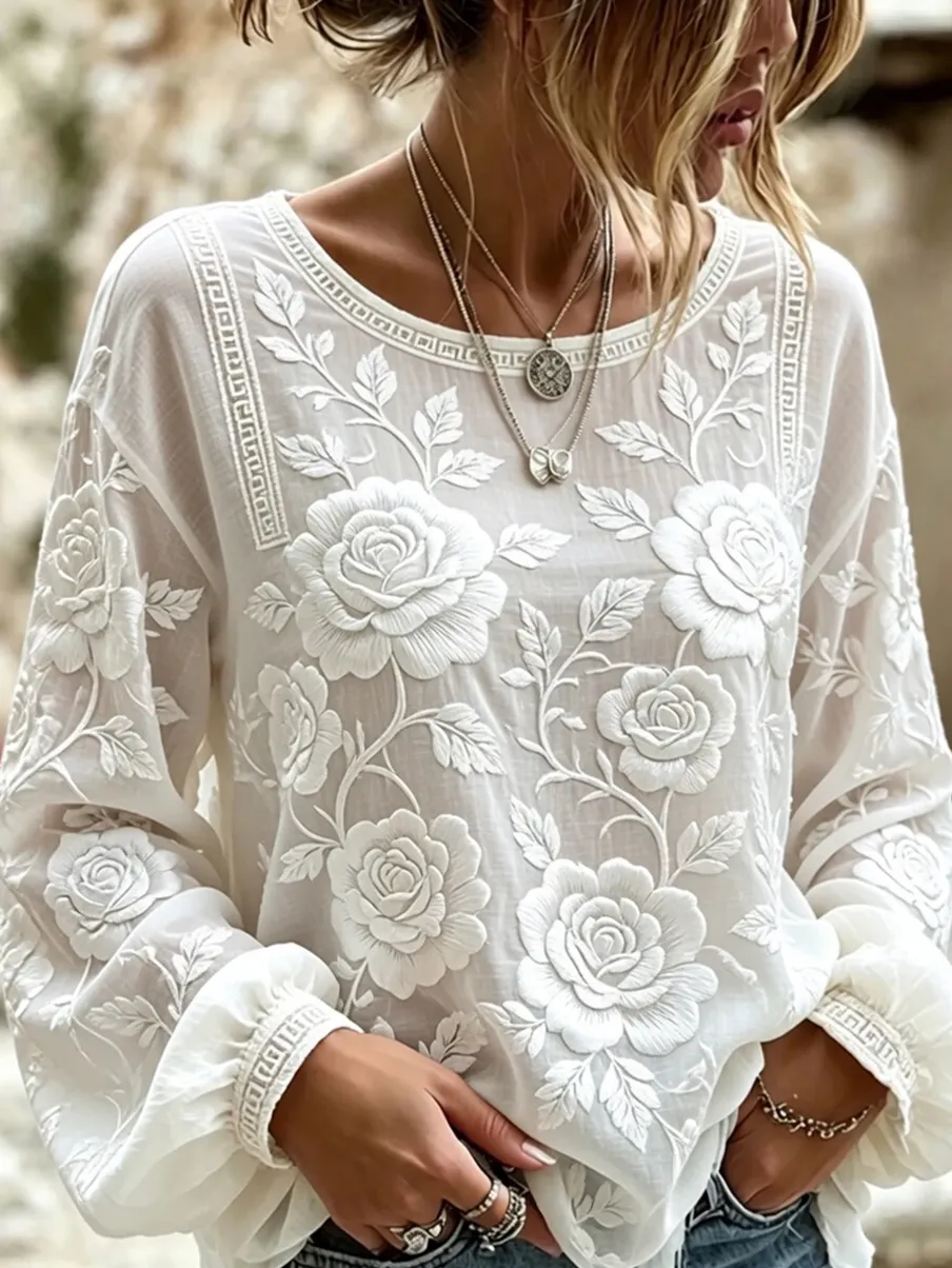 Damen-Top im Vintage-Stil mit floraler Kunstprint-Optik, aus Baumwolle und Leinen, lässig-Mode & Komfort