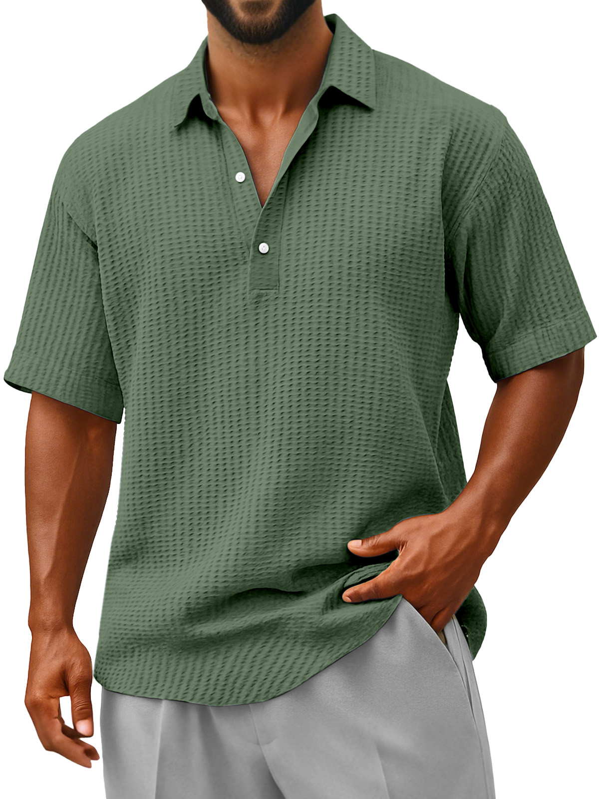 Herren Bequeme Lockere Faltenstruktur Revers Knopf Kurzarm Polohemd-deurabatt