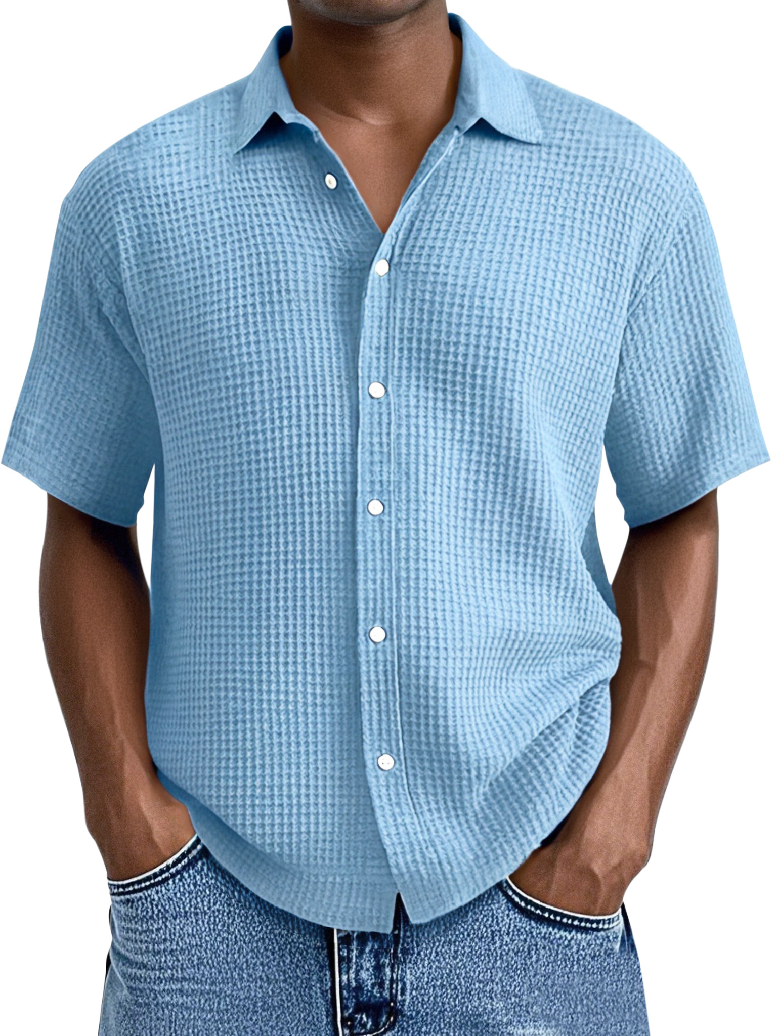 Herren Alltags Locker Waffelstruktur Revers Knopf-down Kurzarmhemd-deurabatt