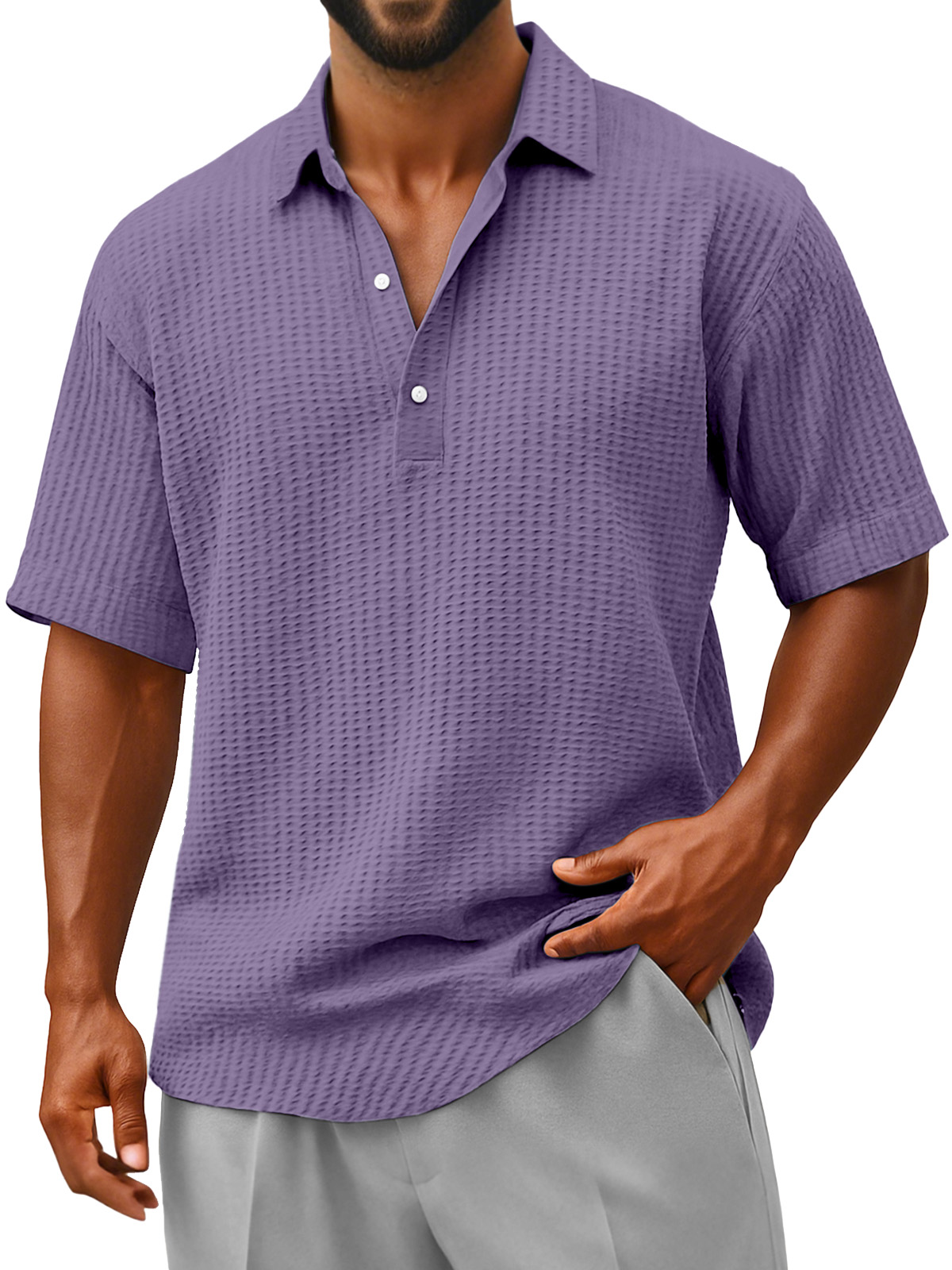 Herren Bequeme Lockere Faltenstruktur Revers Knopf Kurzarm Polohemd-deurabatt