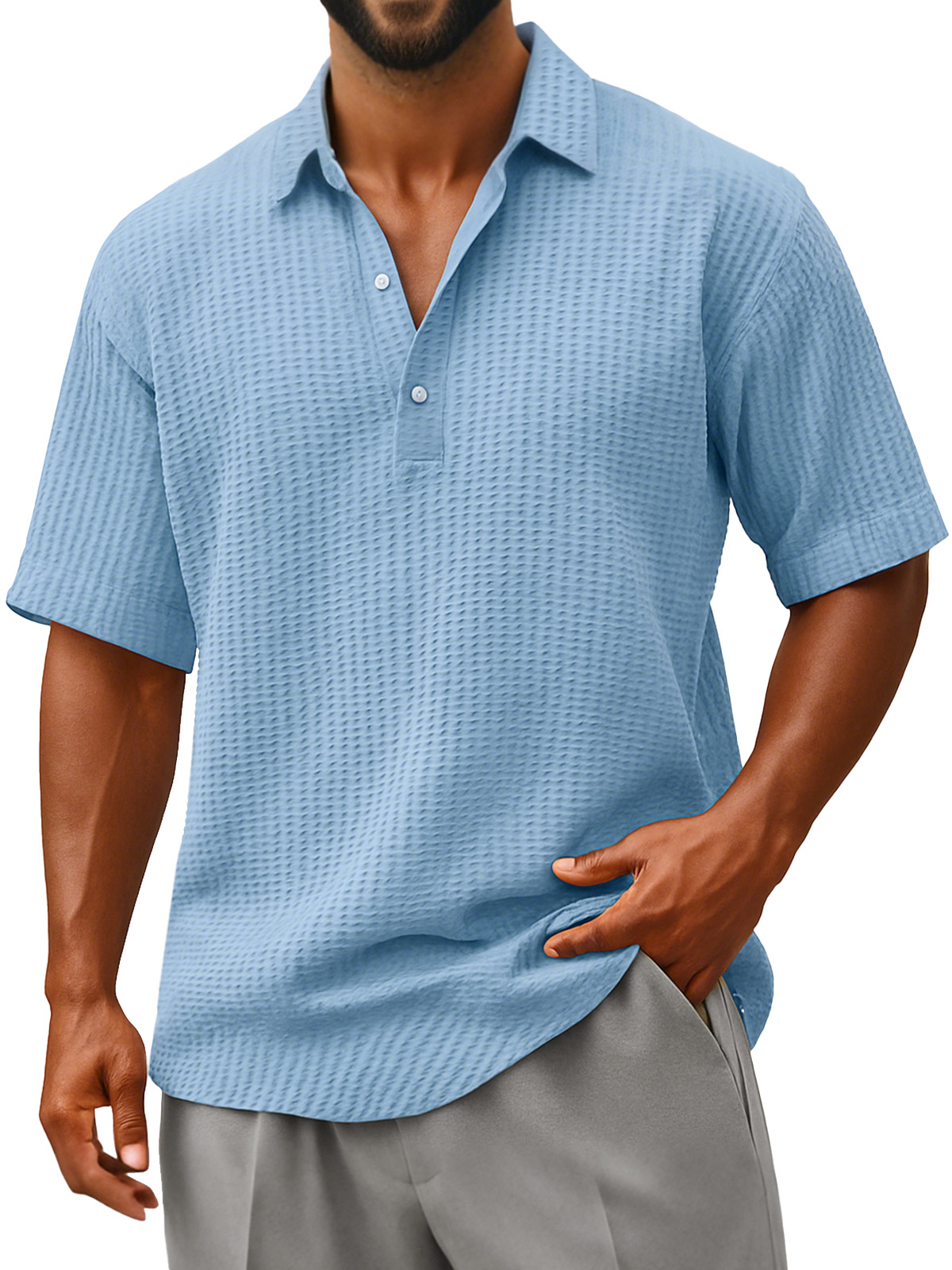 Herren Bequeme Lockere Faltenstruktur Revers Knopf Kurzarm Polohemd-deurabatt