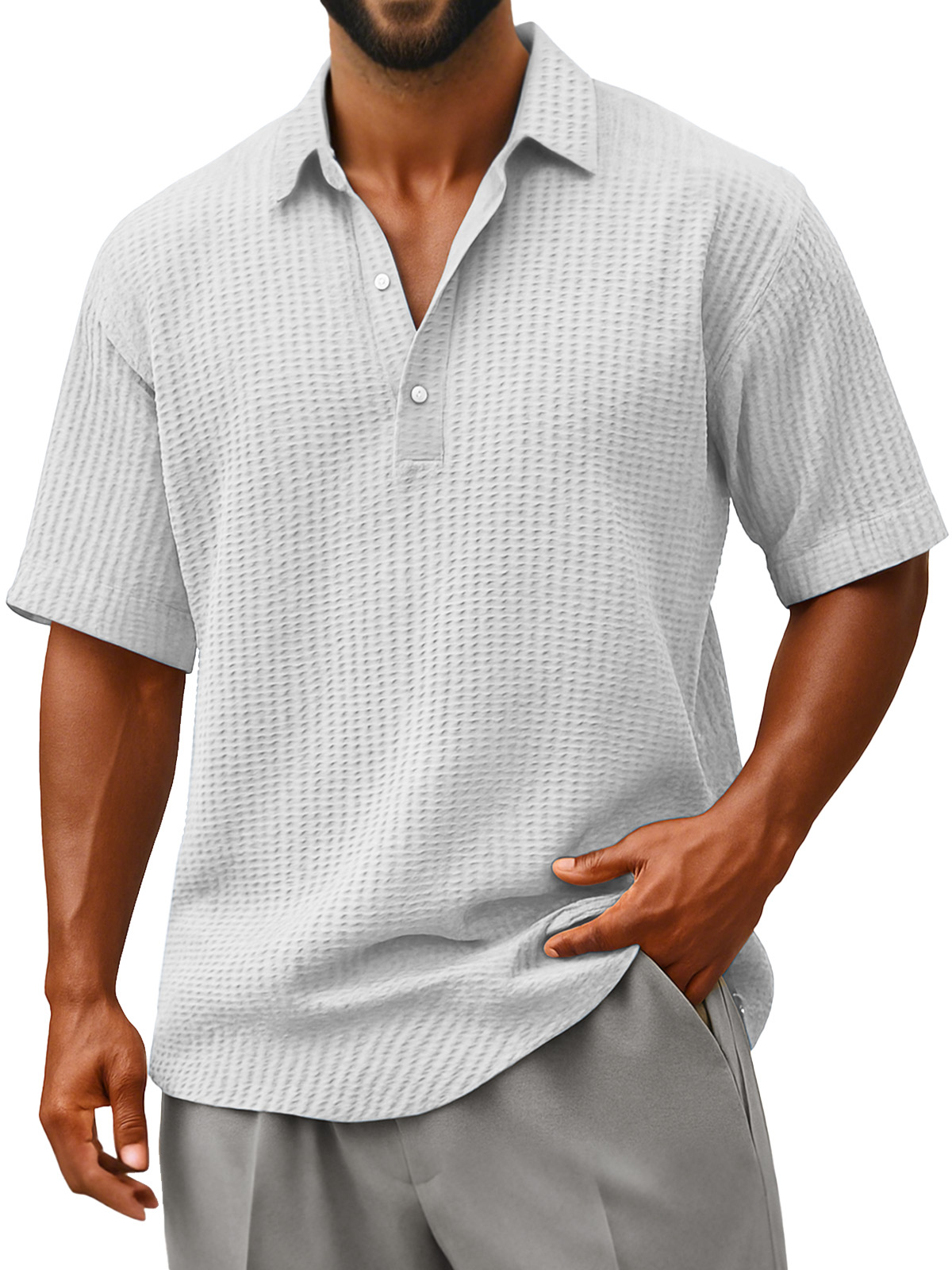 Herren Bequeme Lockere Faltenstruktur Revers Knopf Kurzarm Polohemd-deurabatt