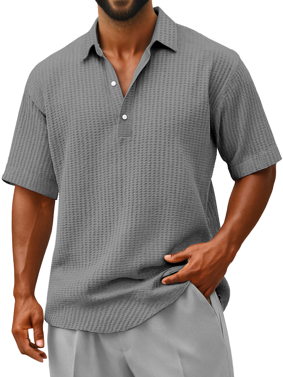 Herren Bequeme Lockere Faltenstruktur Revers Knopf Kurzarm Polohemd-deurabatt