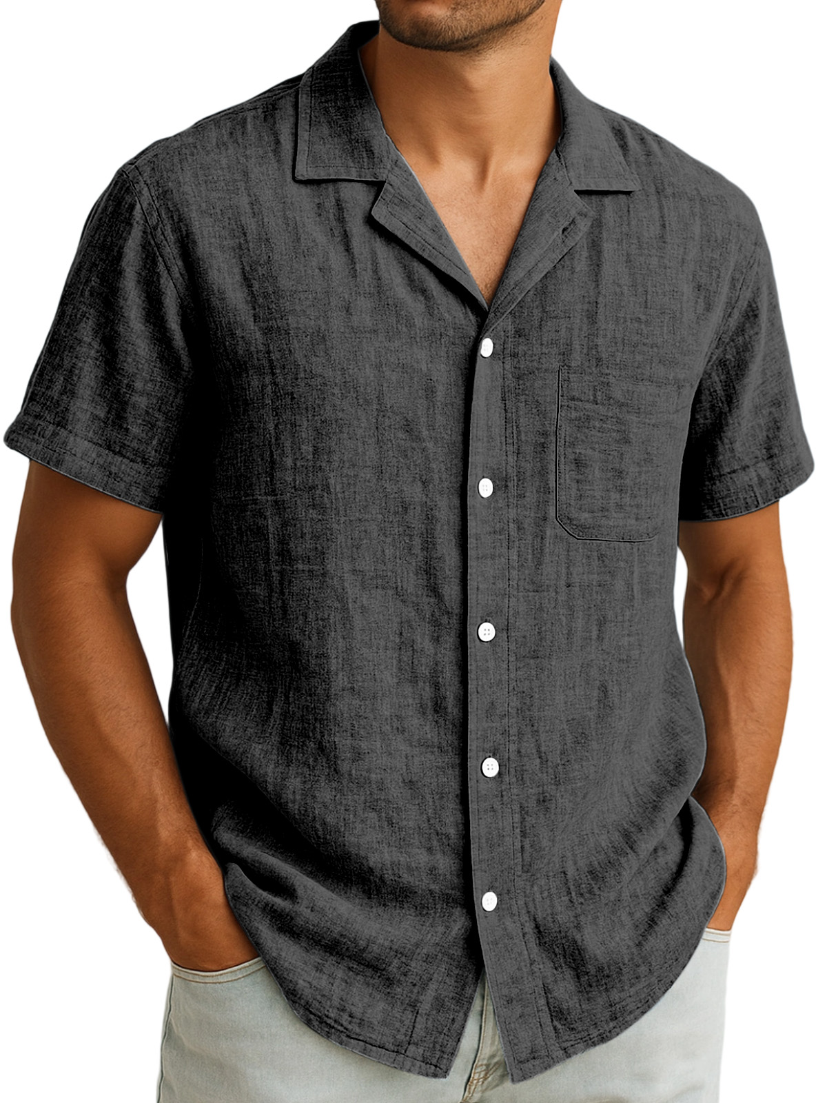Herren Alltags Freizeit Atmungsaktive Einfarbige Kurzarm Hemd mit Revers und Knopfleiste-deurabatt