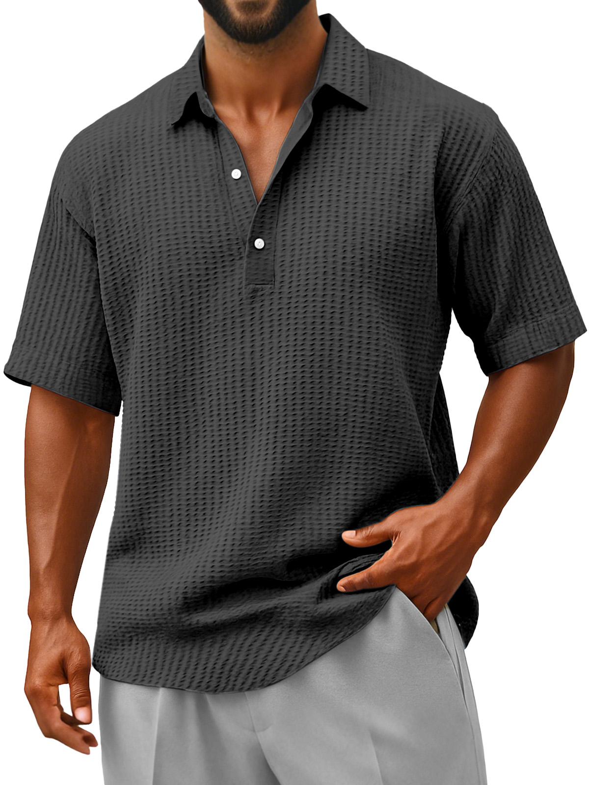 Herren Bequeme Lockere Faltenstruktur Revers Knopf Kurzarm Polohemd-deurabatt