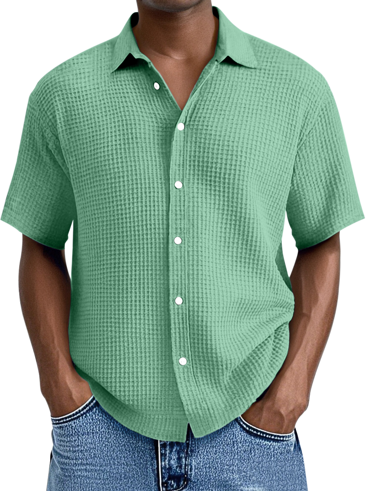 Herren Alltags Locker Waffelstruktur Revers Knopf-down Kurzarmhemd-deurabatt