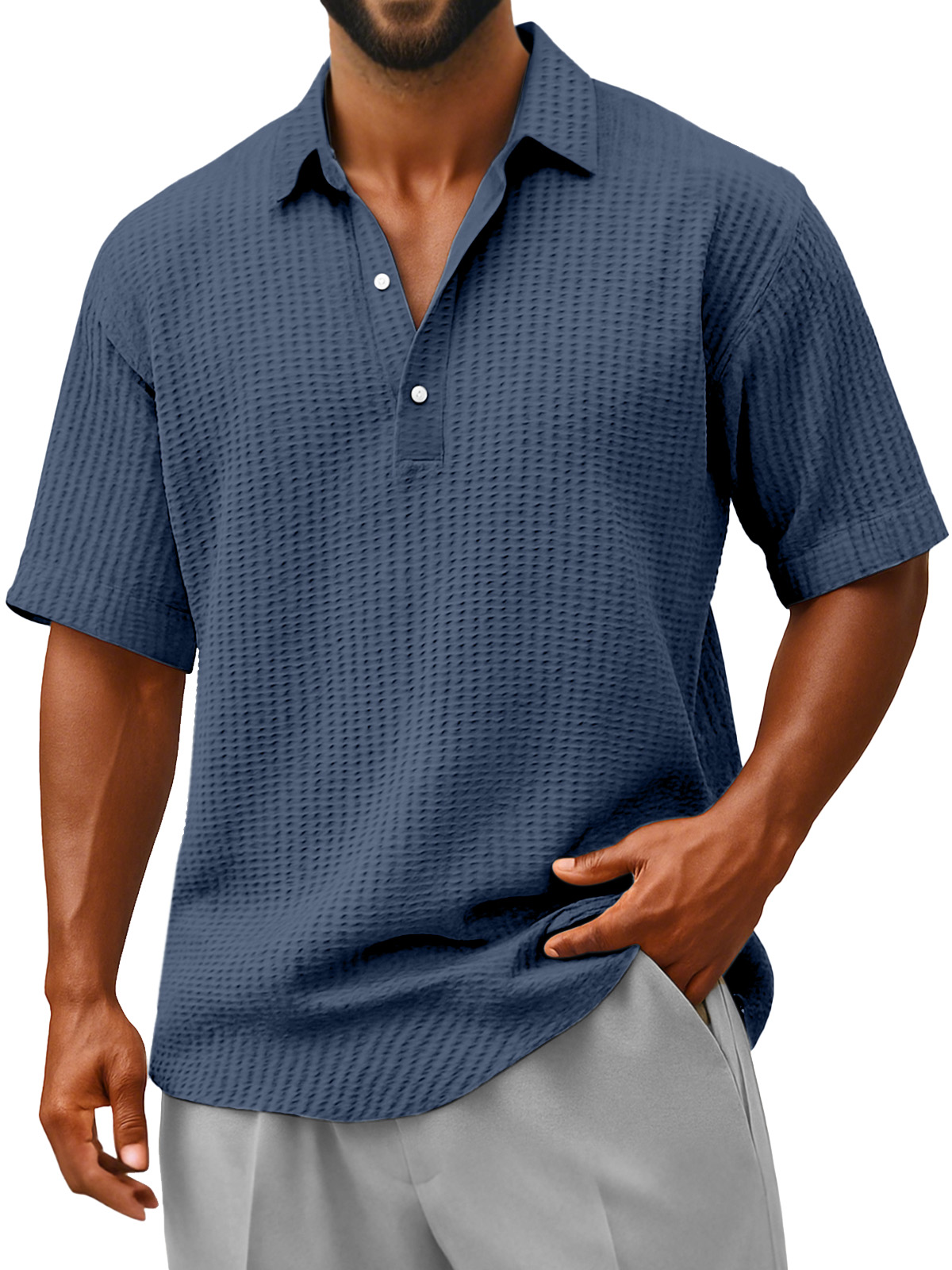 Herren Bequeme Lockere Faltenstruktur Revers Knopf Kurzarm Polohemd-deurabatt