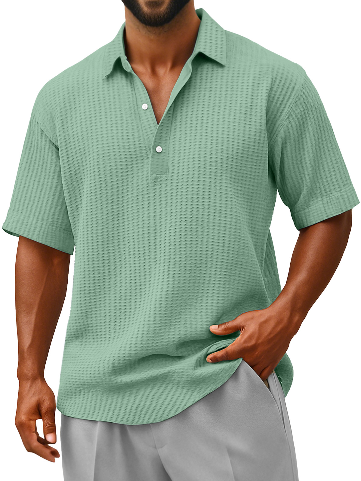 Herren Bequeme Lockere Faltenstruktur Revers Knopf Kurzarm Polohemd-deurabatt