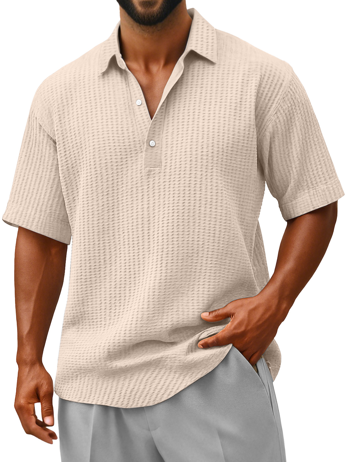 Herren Bequeme Lockere Faltenstruktur Revers Knopf Kurzarm Polohemd-deurabatt