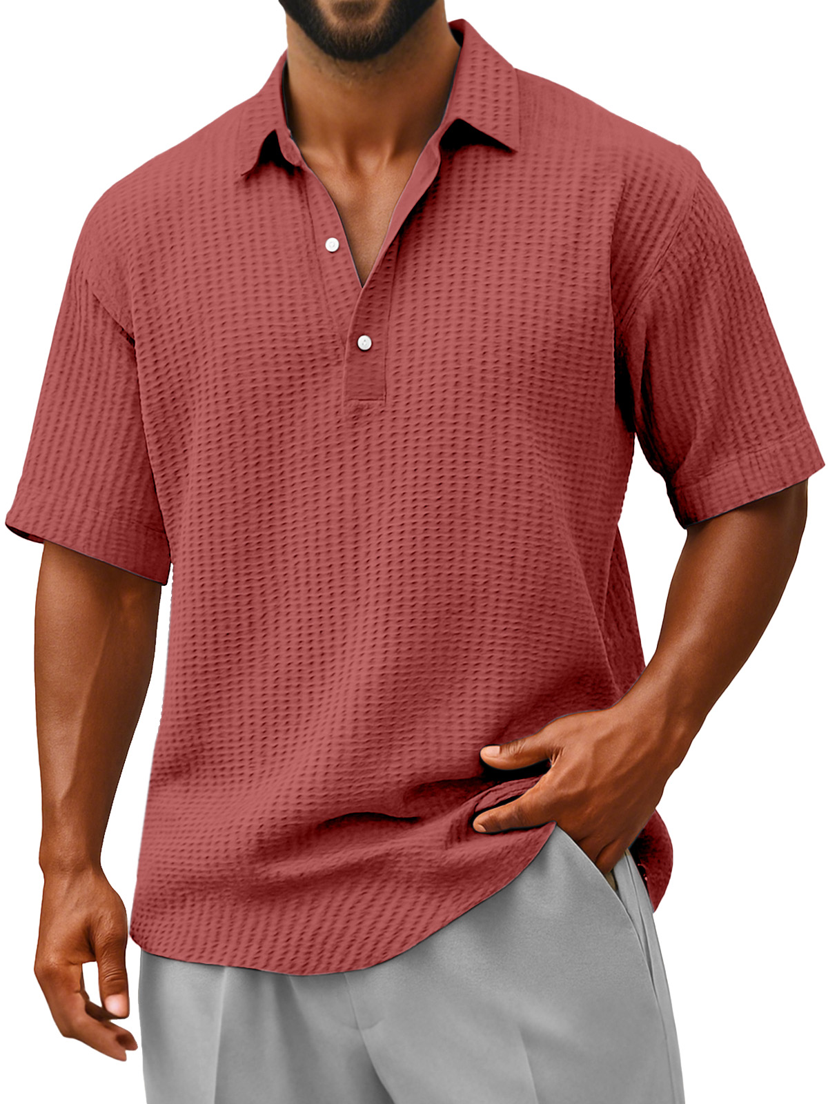 Herren Bequeme Lockere Faltenstruktur Revers Knopf Kurzarm Polohemd-deurabatt