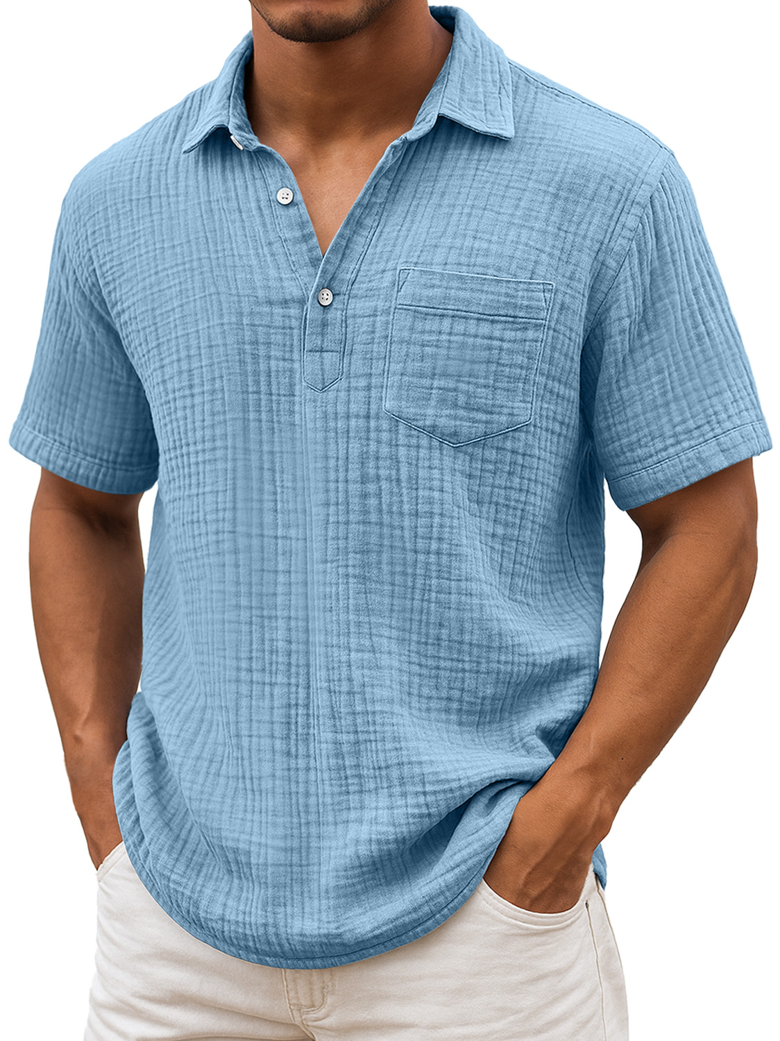 Herren Daily Plissee Textur Revers Freizeit Tasche Bequem Kurzarm POLO Hemd-deurabatt