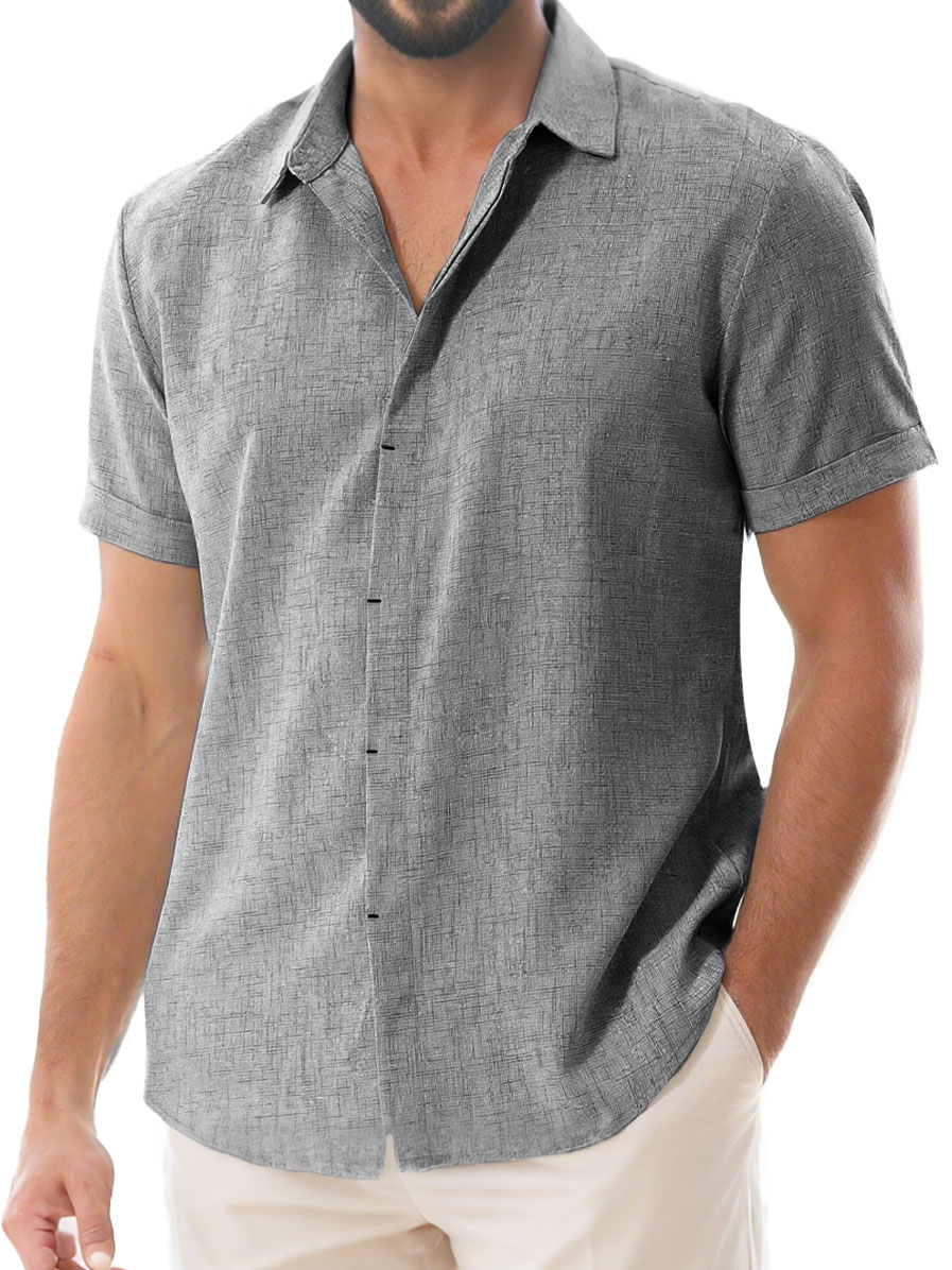 Herren Tägliches Lässiges Imitationsleinen Weites Kurzarm Hemd mit Revers-deurabatt
