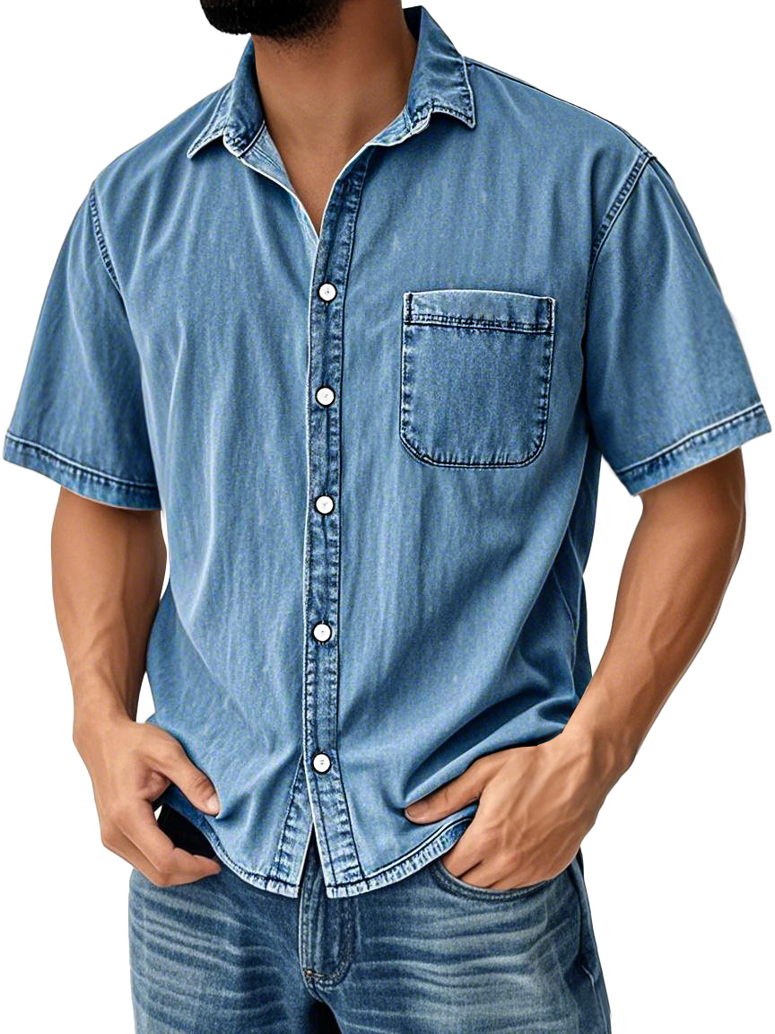 Herren Retro Freizeit Kragen Tasche Einfarbig Kurzarmhemd-deurabatt