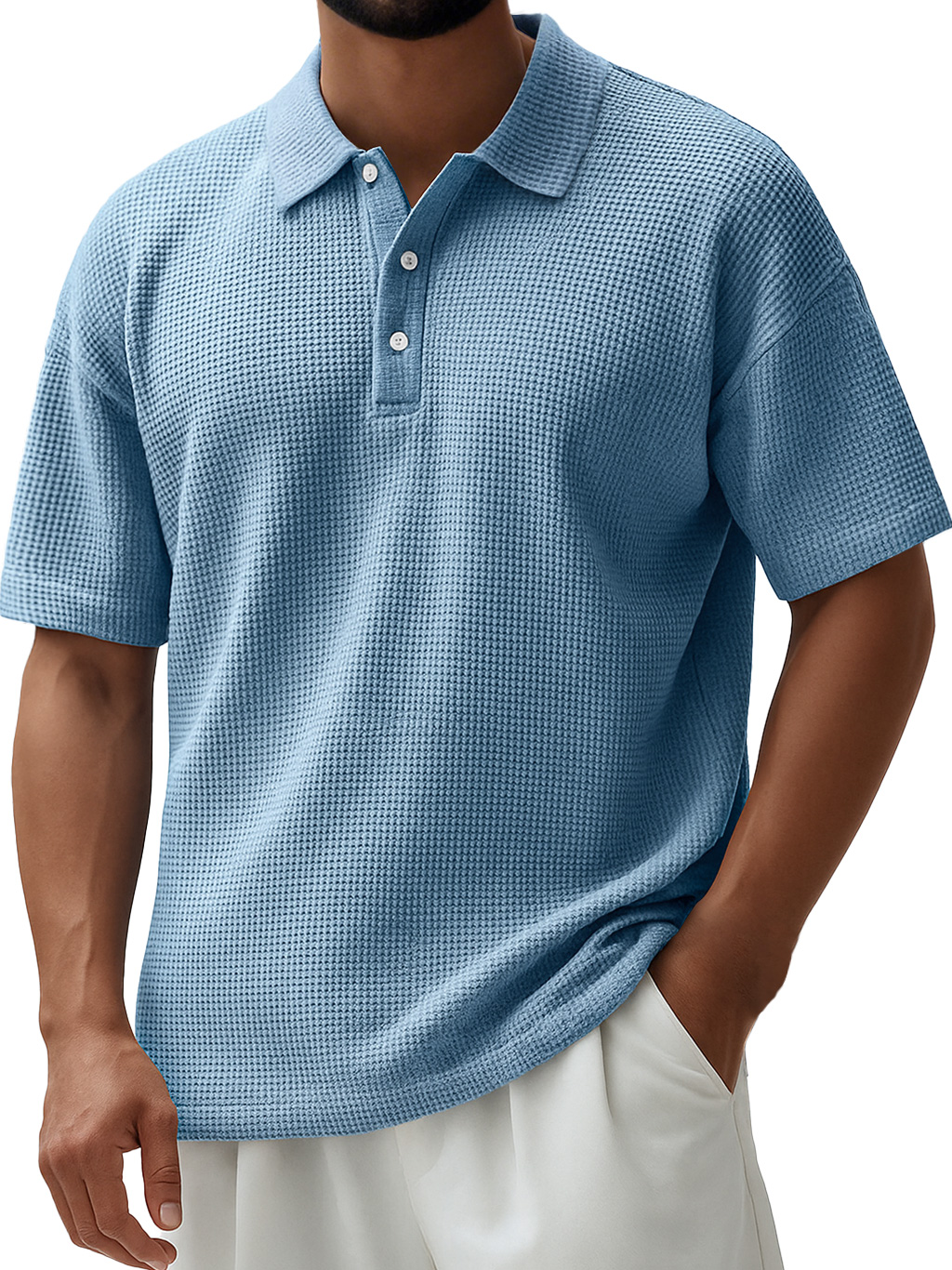Herren Alltags Waffel Revers Knopfverschluss Freizeit Kurzarm Polohemd-deurabatt