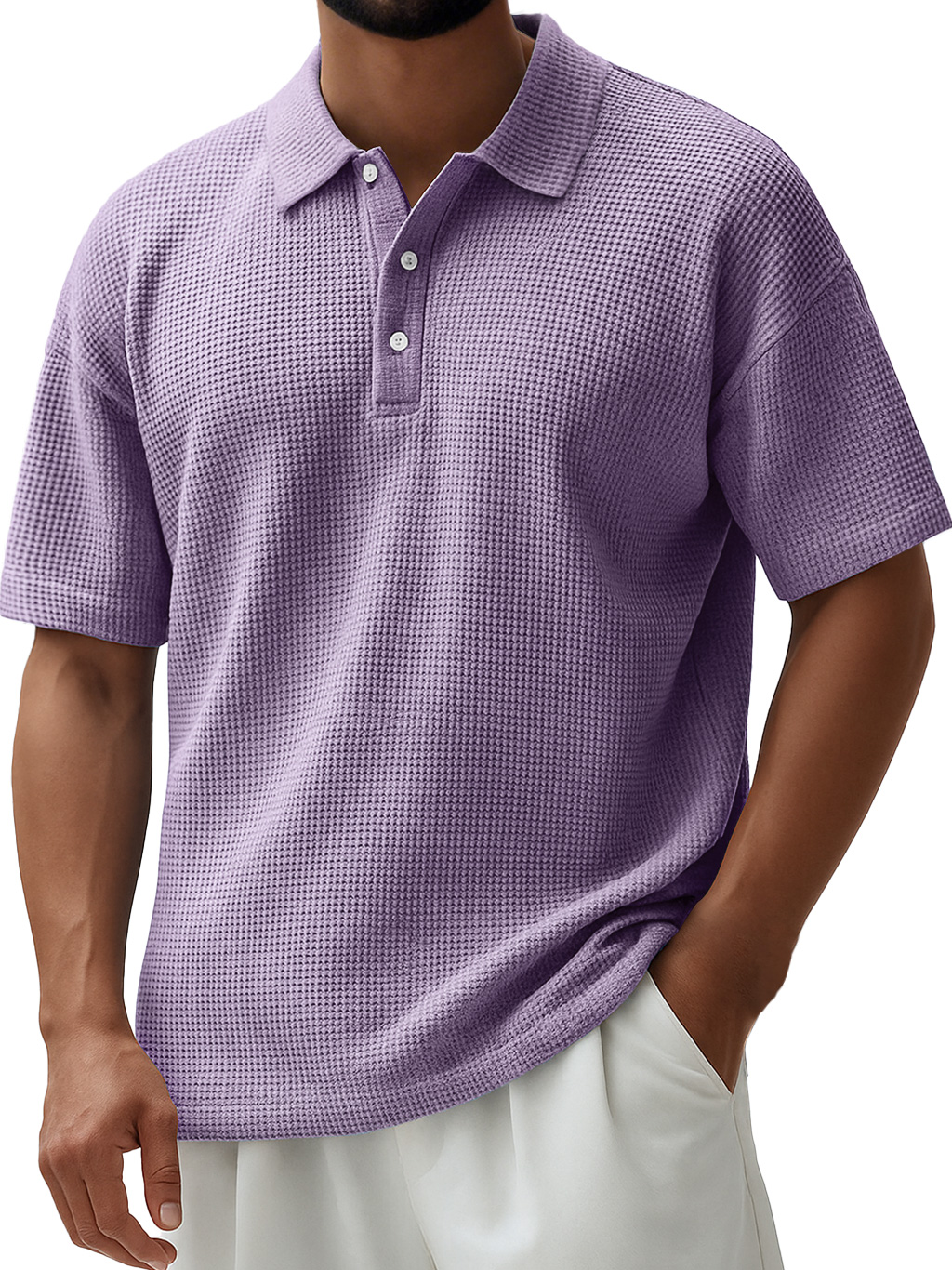Herren Alltags Waffel Revers Knopfverschluss Freizeit Kurzarm Polohemd-deurabatt
