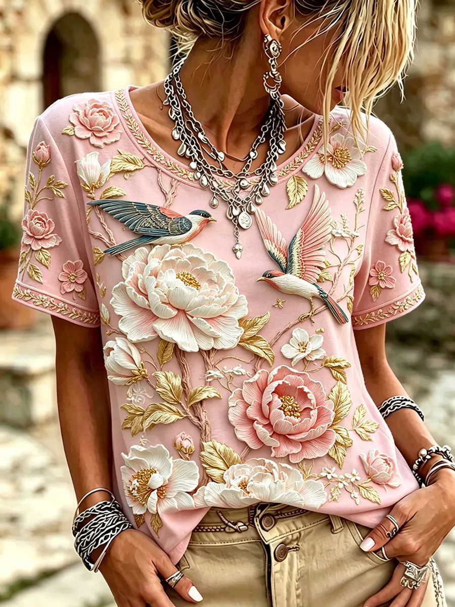 Damen-T-Shirts mit pinkem Blumenmuster-Mode & Komfort