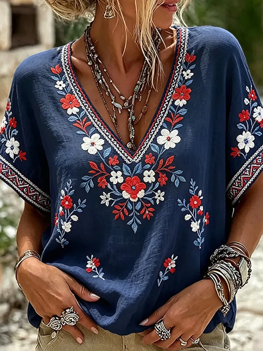 Damen-Top im Vintage-Stil mit floraler Kunstprint-Optik, aus Baumwolle und Leinen, lässig-Mode & Komfort